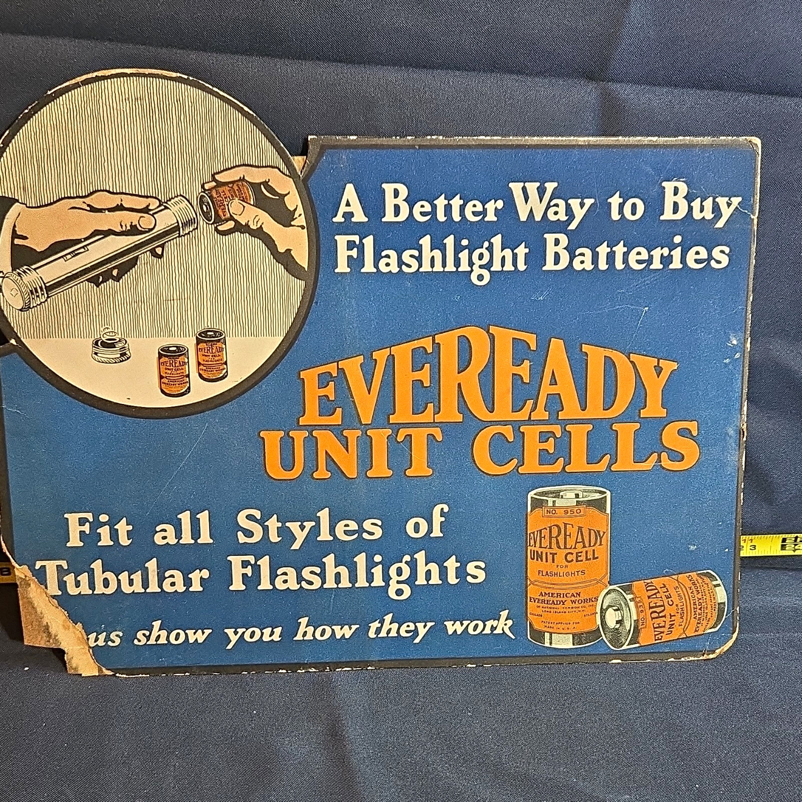 Eveready Vintage Unit Cells Flashlight Batteries  Sign Cardboard Counter Adverti