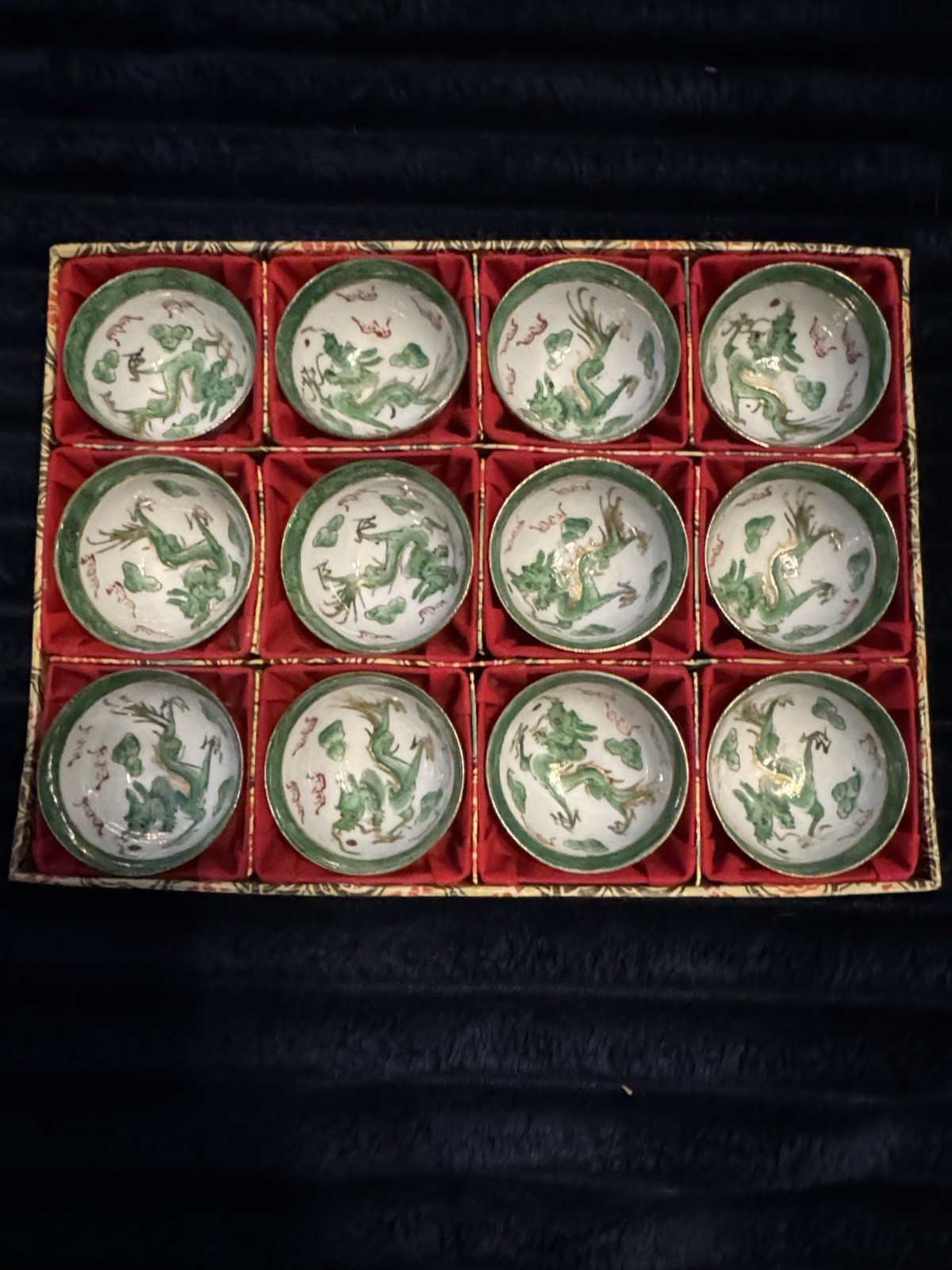 12 vintage Chinese Jingdezhen Zhi porcelain green dragon sake cups 12 vintage Chinese Jingdezhen Zhi porcelain green dragon sake cups