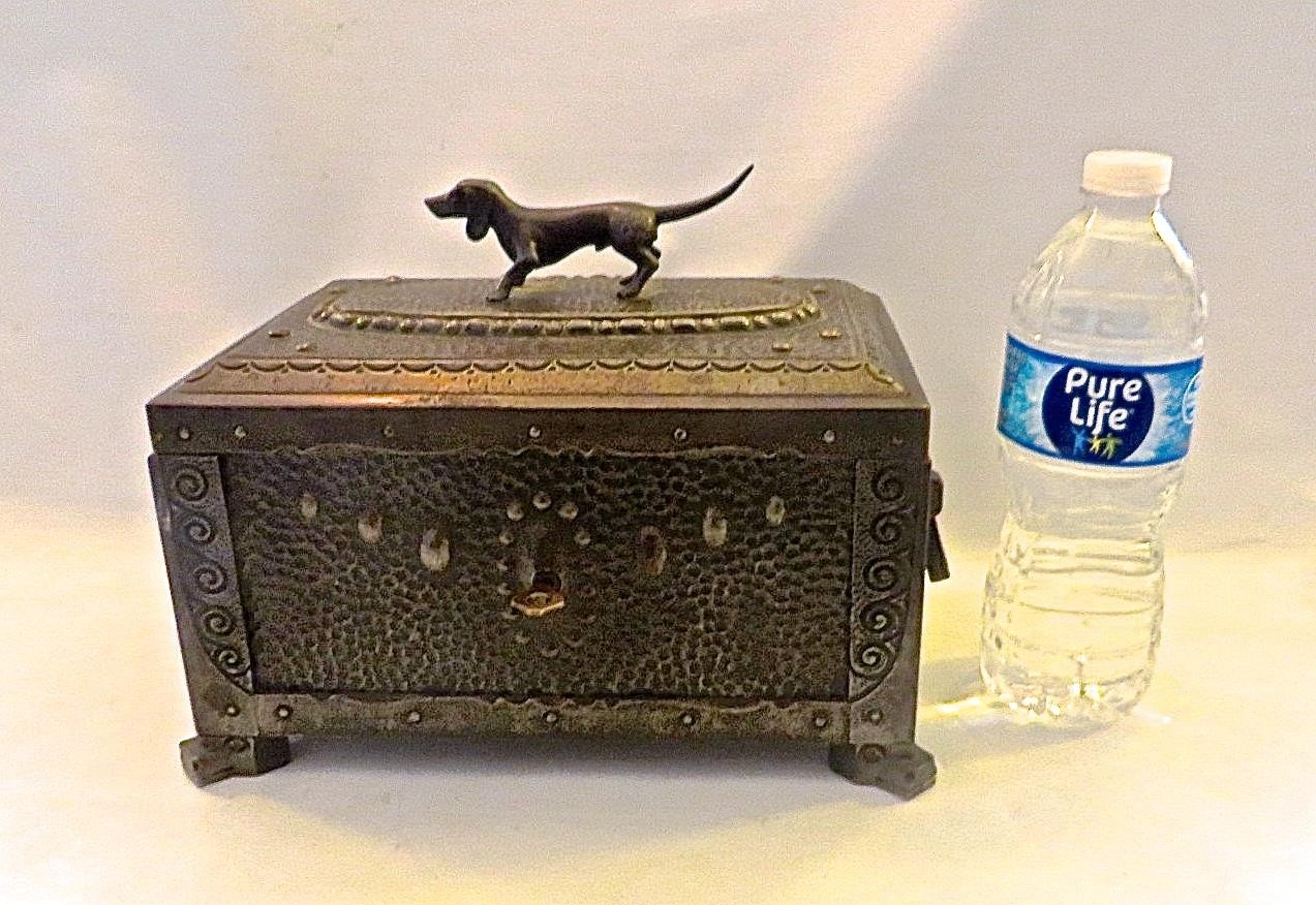 Antique Circa 1910 Hammered Iron Bronzed Document Box with Pointer Dog