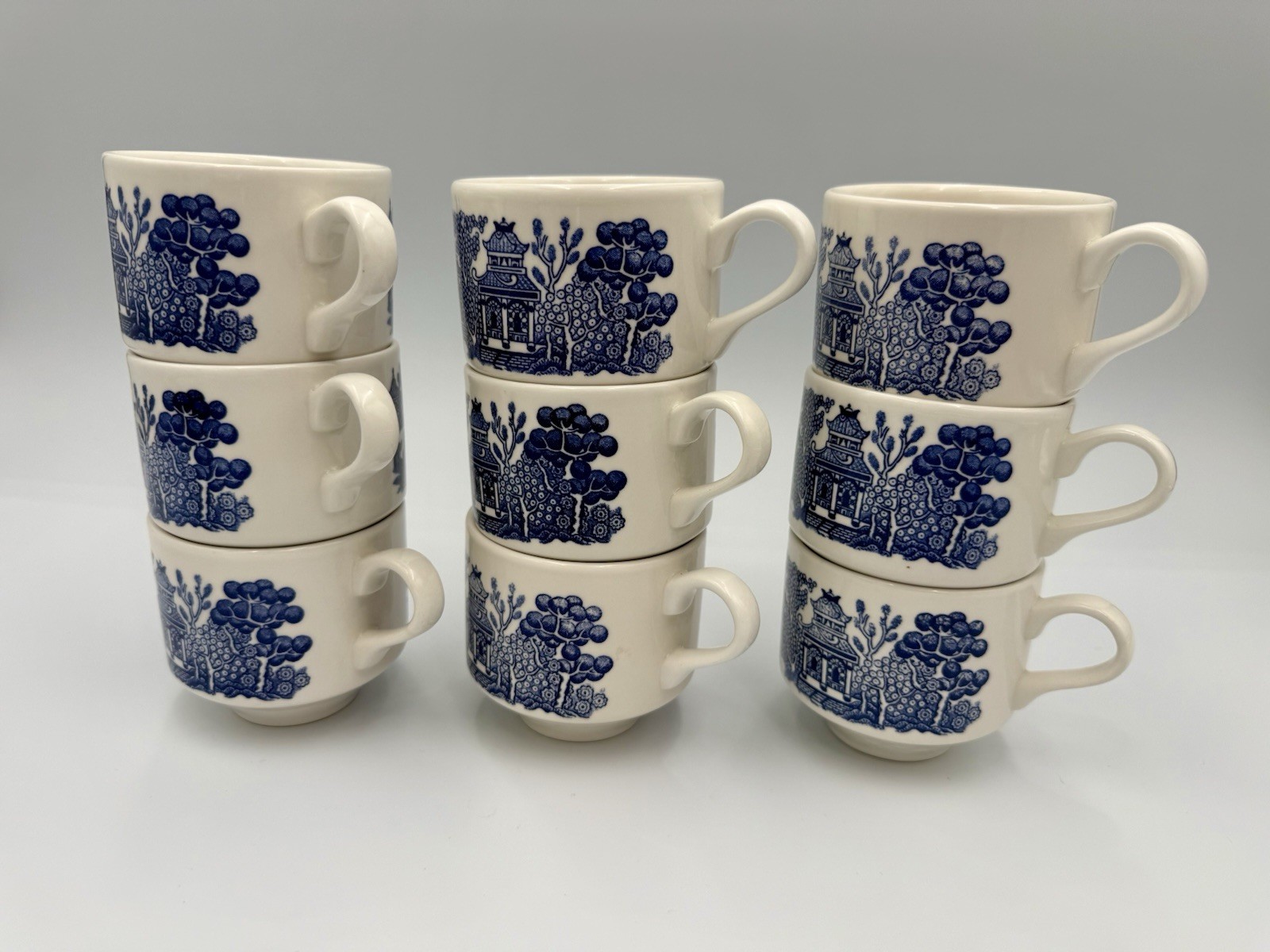 Set of 9 Vintage Blue Willow Flat Stackable Cups - Churchill - England