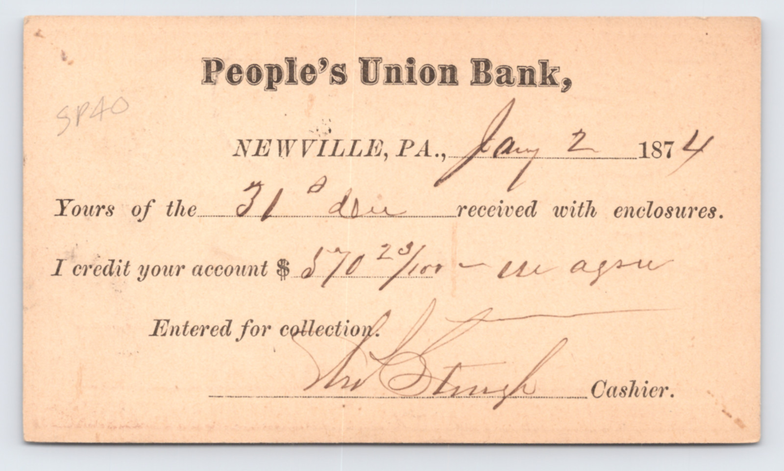 1874 People’s Union Bank Postal Card Newville PA to Hagerstown MD