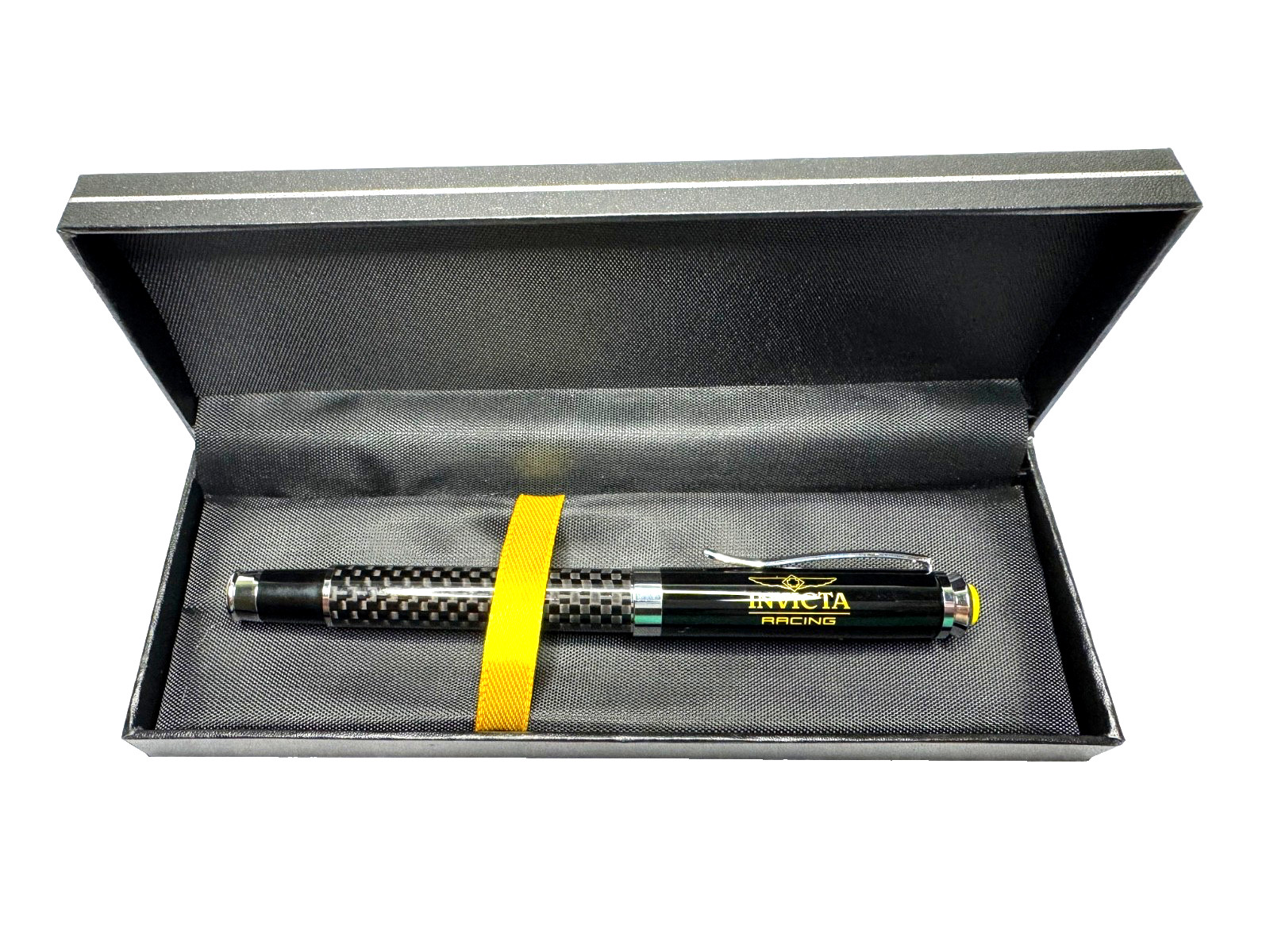 Invicta Racing Carbon Fiber Look Rollerball Pen Yellow Accent Blue Ink With Box