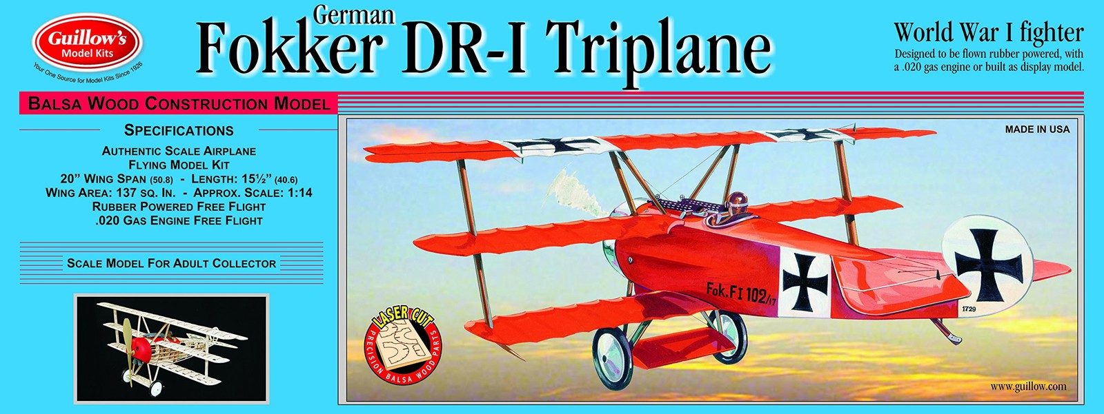 Guillow's Fokker DR1 Triplane Balsa Model Kit - 20 Guillow's Fokker DR1 Triplane Balsa Model Kit - 20