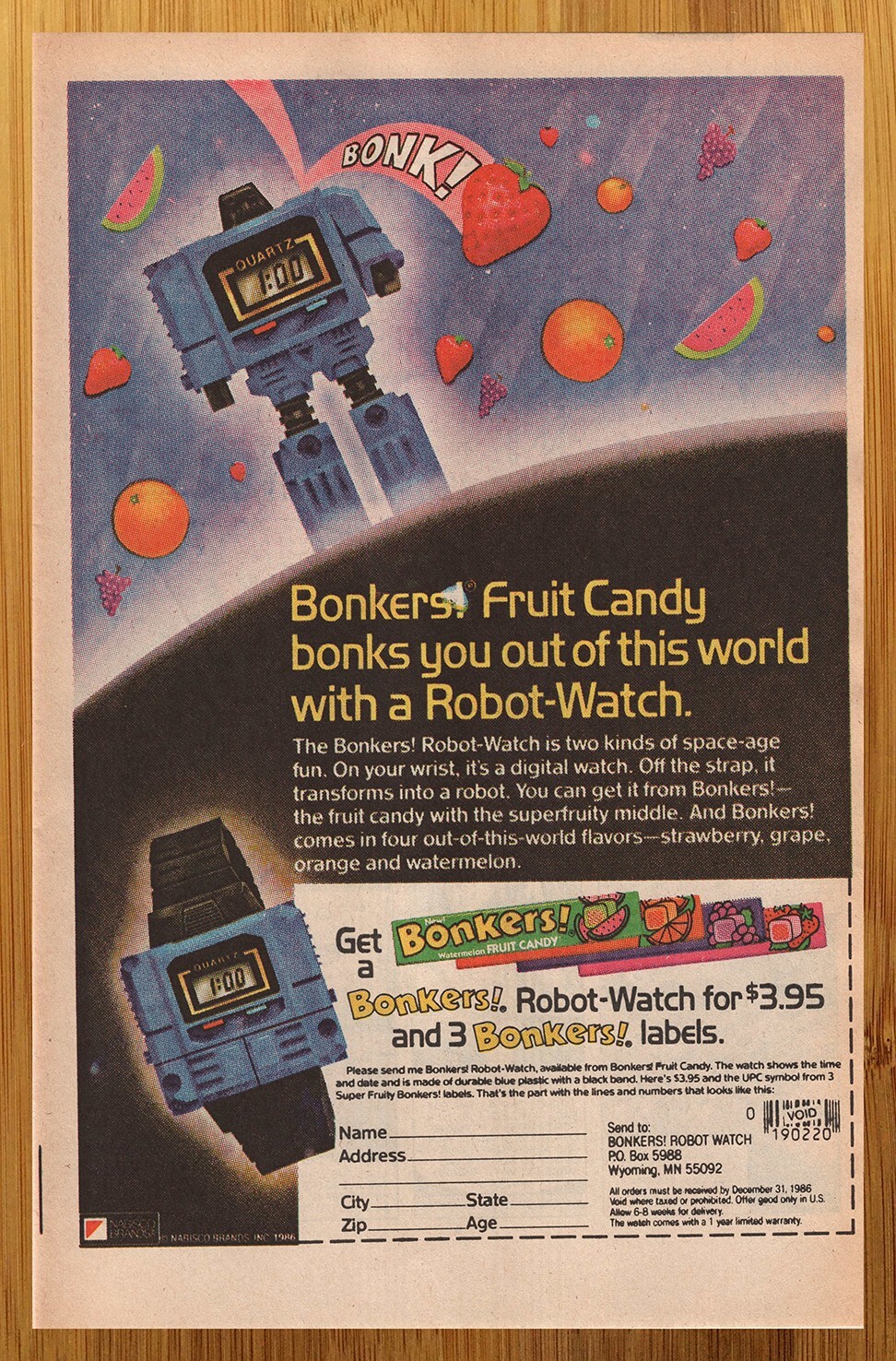 1986 Bonkers Candy Robot Watch Print Ad/Poster Transformers 80s Kid Toy Pop Art