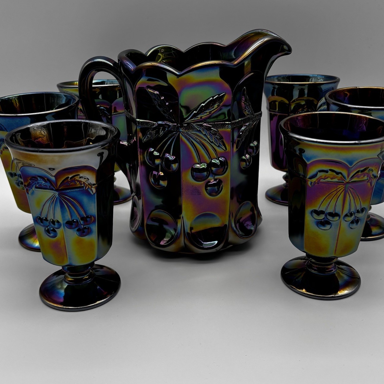 Mosser Amethyst Carnival Glass Water Set Pitcher 6 Goblets Cherry  Cable VTG