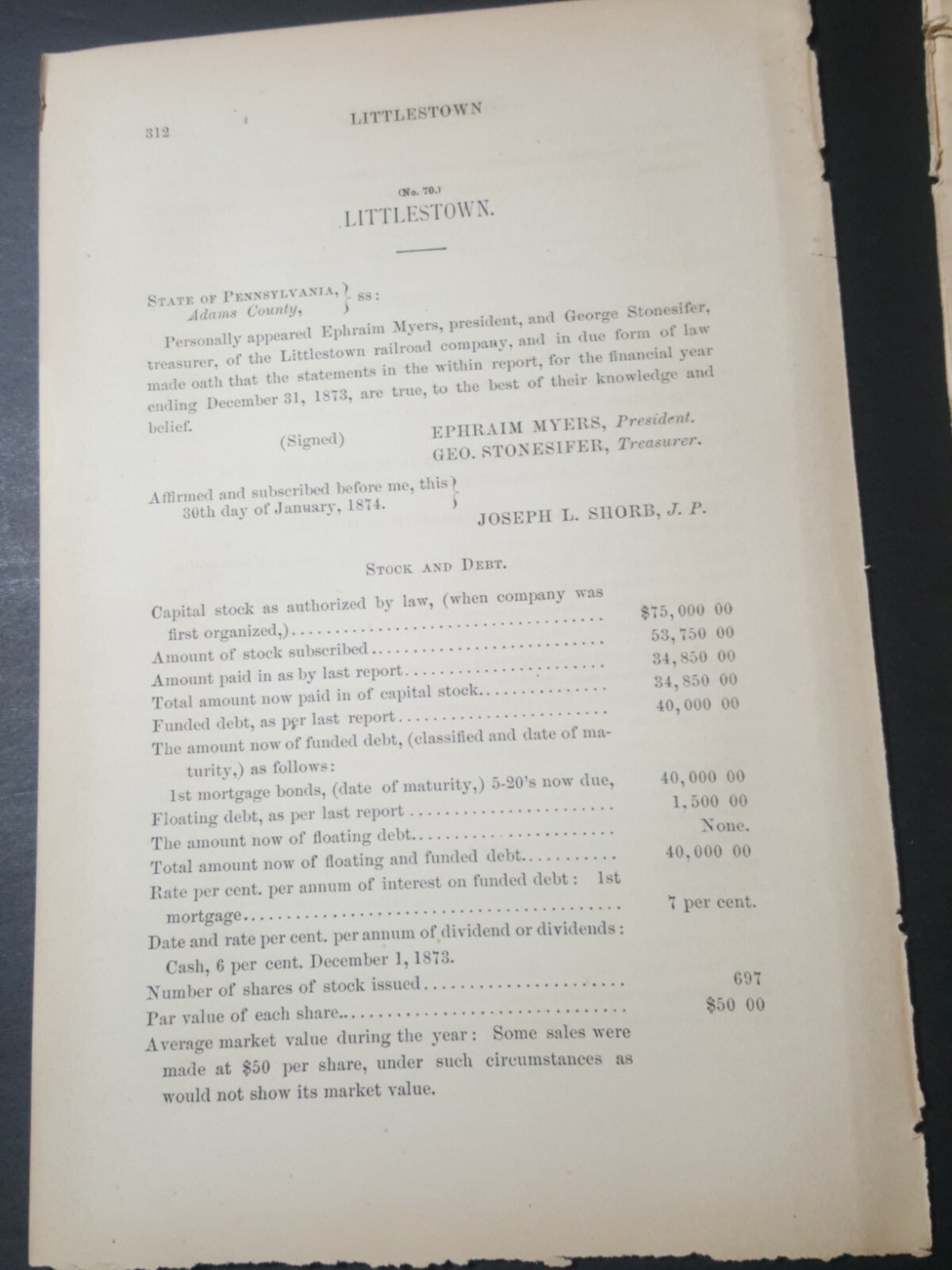 1874 train document LITTLESTOWN RAILROAD Hanover York County Pennsylvania report