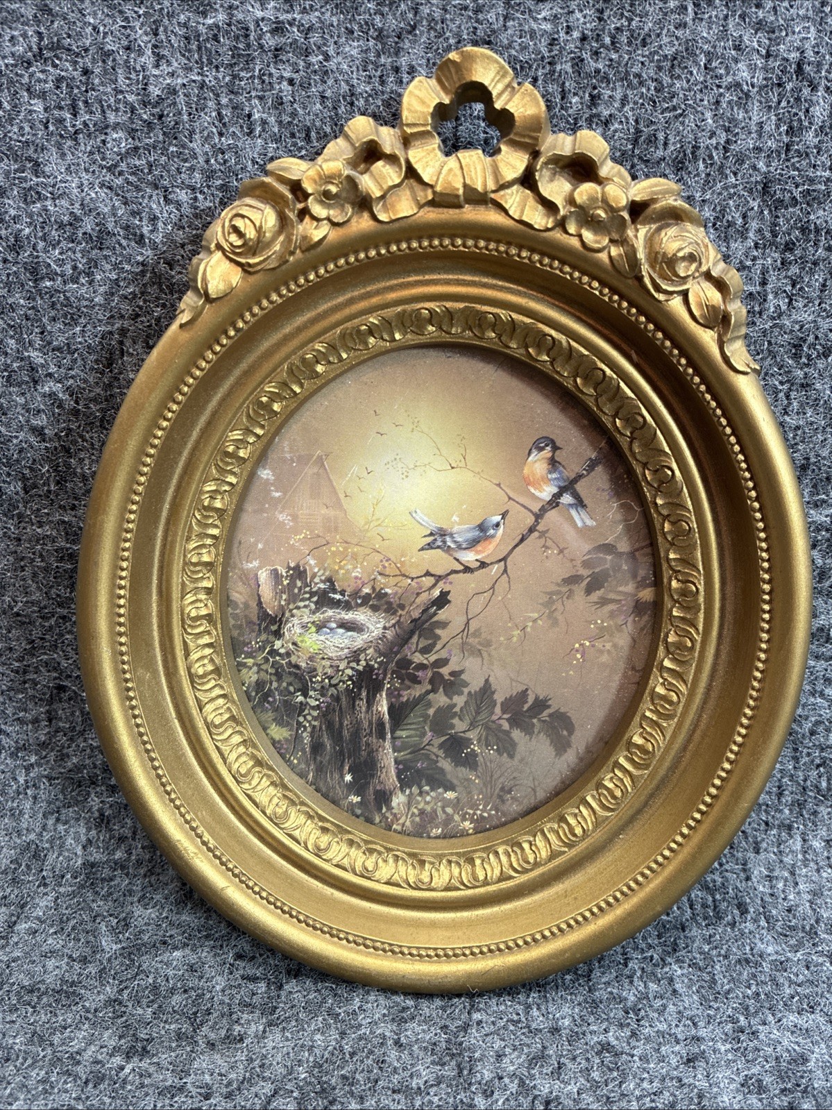 Vtg 1982 Homco Inc Oval Gold Tone Ornate Frame Bird's On Branch With Nest