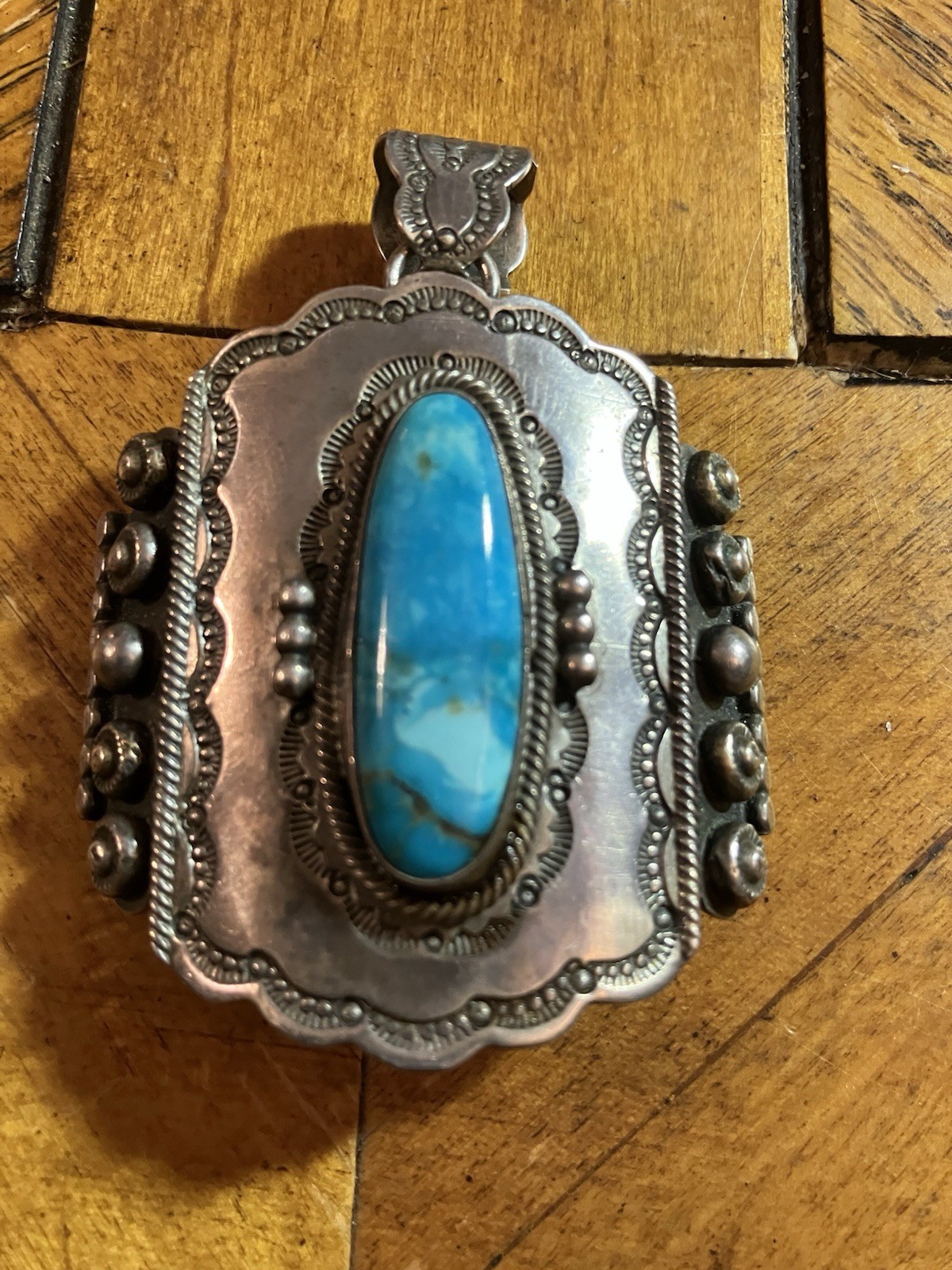 Huge Vintage Sterling 925 Wallace Turquoise Pendant Stampwork 2.7” Blue 55 Grams