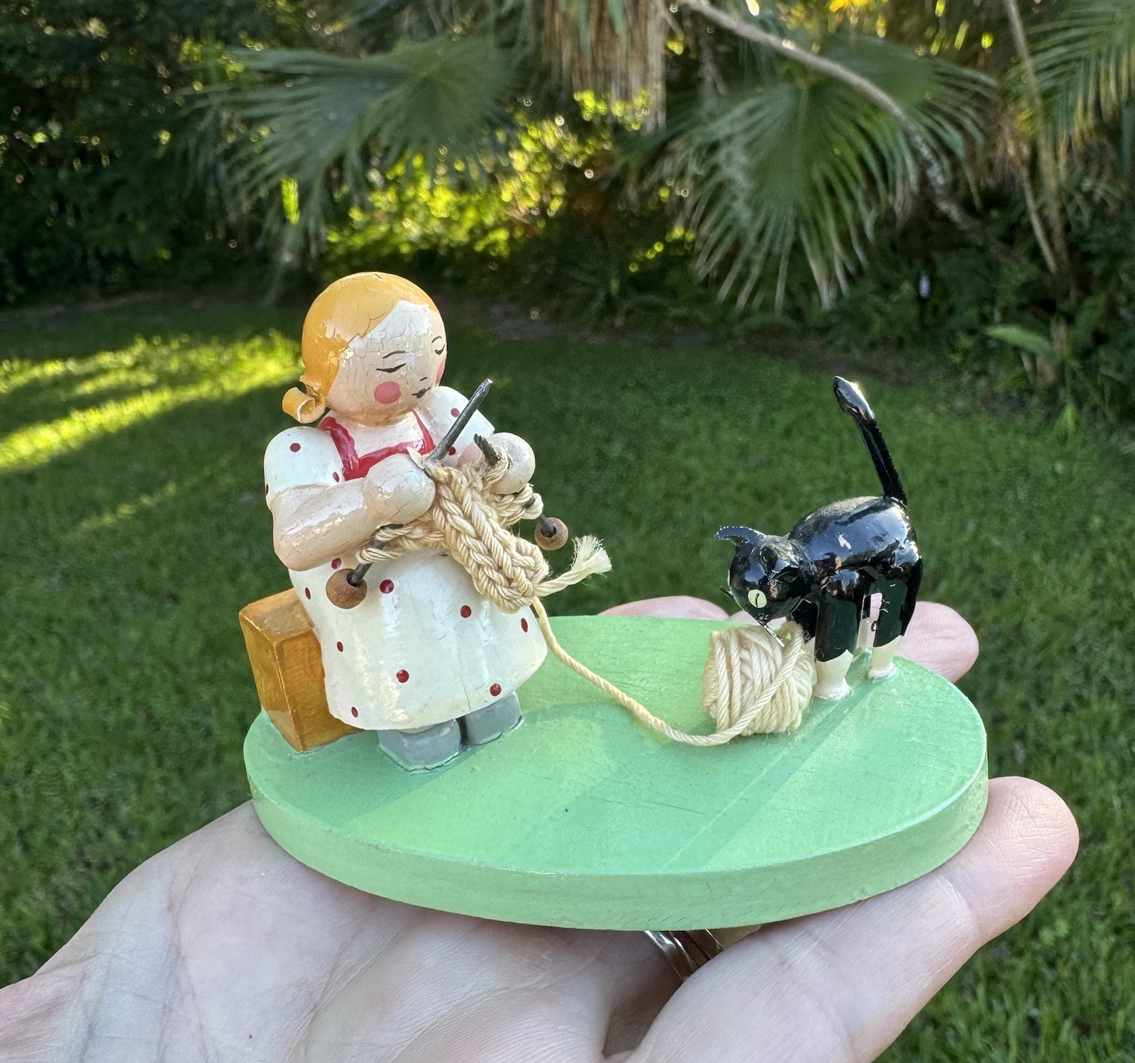 Vintage Steinbach Girl Knitting Cat DOLL Wood Figurine West Zone GERMANY
