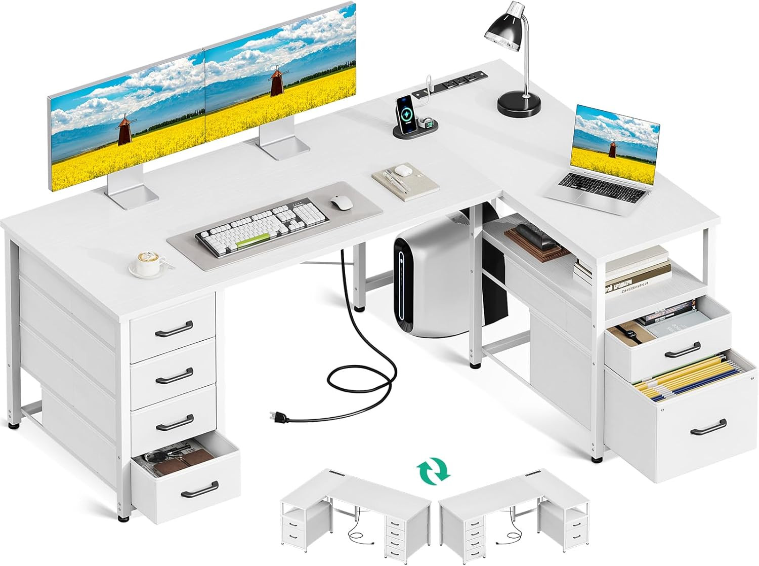 55 Inch L Shaped Office Desk with 6 Drawers, Power Outlet, White | 5 Fabric Draw