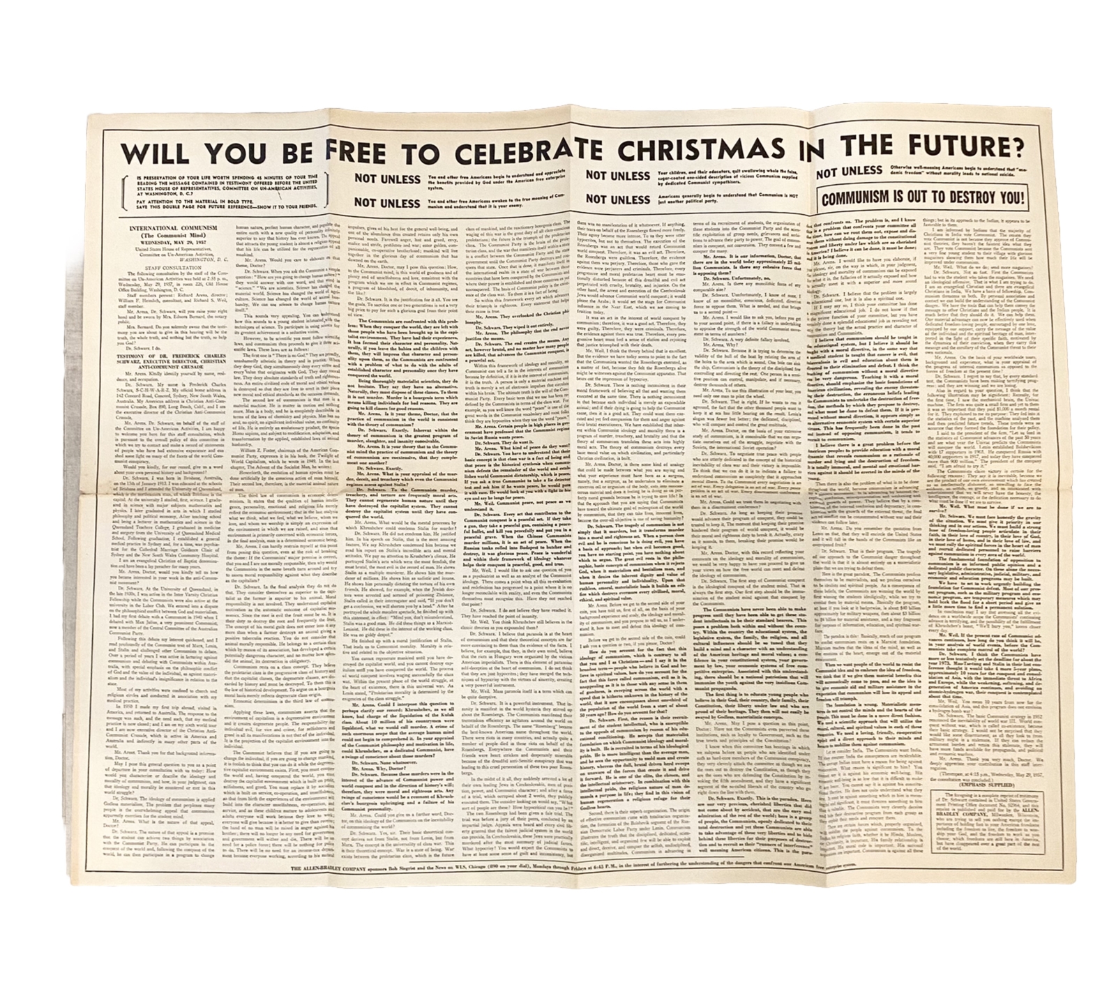 Vintage 1957 Red Scare McCarthyism Communism Poster Will You Be Free …Christmas