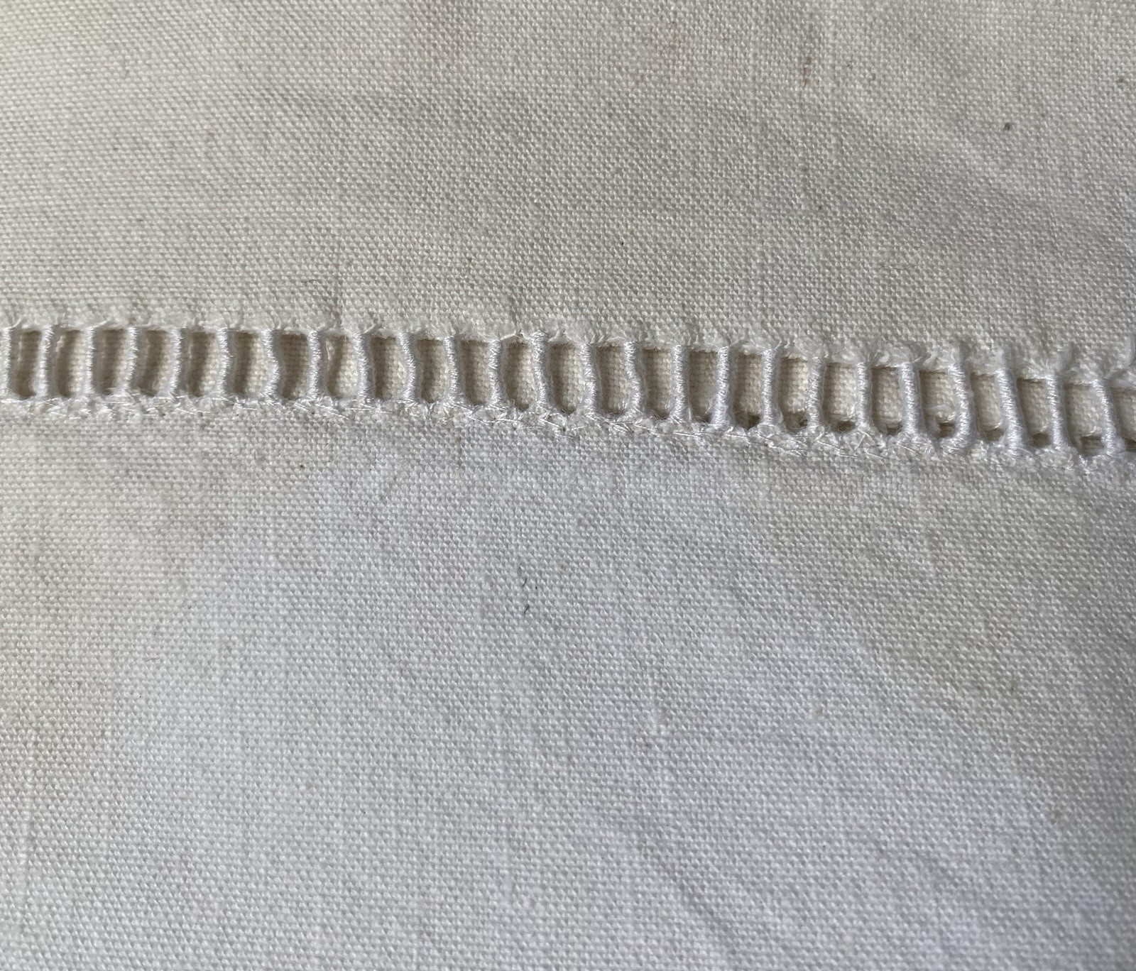 Vintage French Metis Linen Buttermilk Double Bed Sheet With Ladderwork Detail Vintage French Metis Linen Buttermilk Double Bed Sheet With Ladderwork Detail