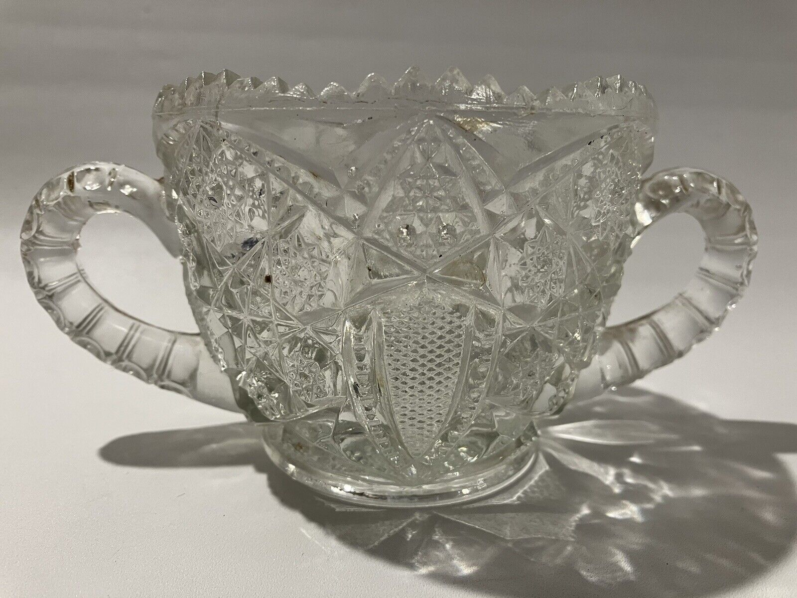Antique Pressed Clear Glass Sawtooth Two Handled Sugar Bowl