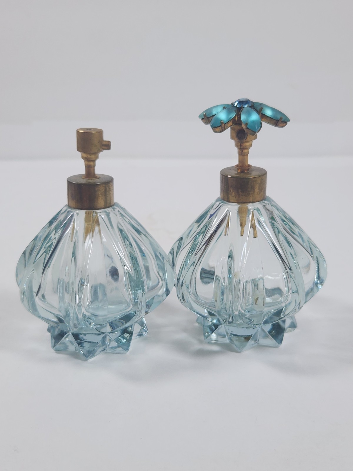 Vintage I.W Rice Czech Crystal Blue Glass Perfume Atomizer Jewel Rhinestone Top