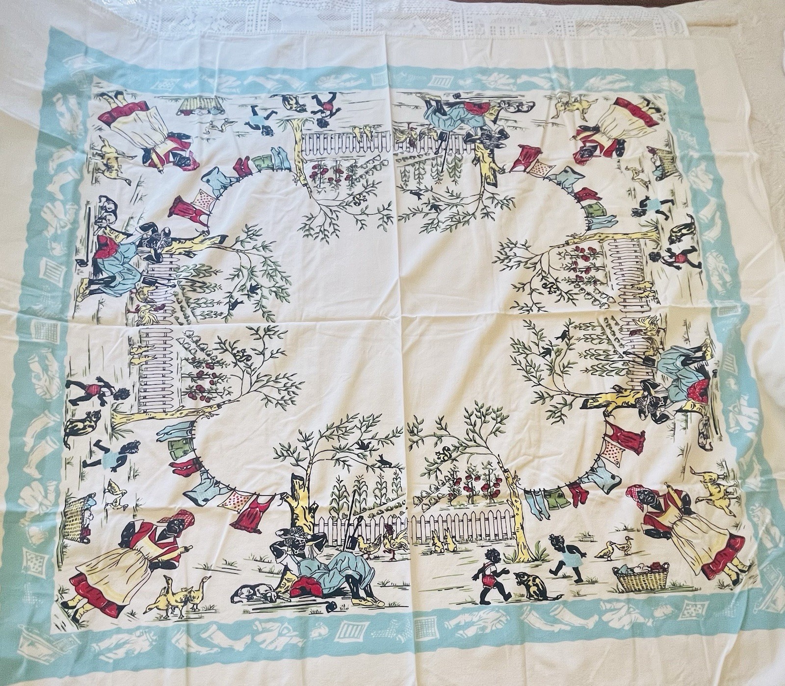 Vintage 1940s-50s Tablecloth Clothesline Domestic Scene Black America 45x50\