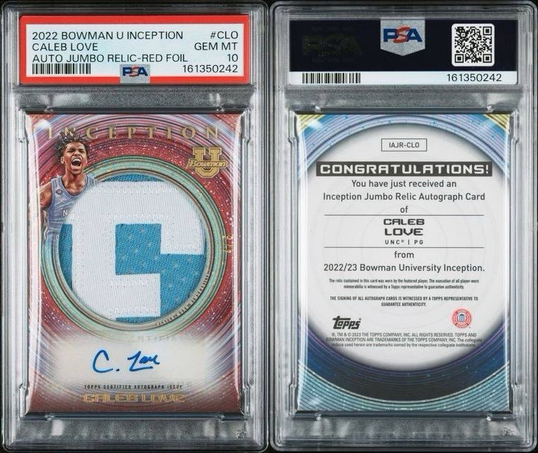 2022 BOWMAN UNIVERSITY INCEPTION AUTO JUMBO RELICS RED FOIL CALEB LOVE /5 PSA 10 2022 BOWMAN UNIVERSITY INCEPTION AUTO JUMBO RELICS RED FOIL CALEB LOVE /5 PSA 10