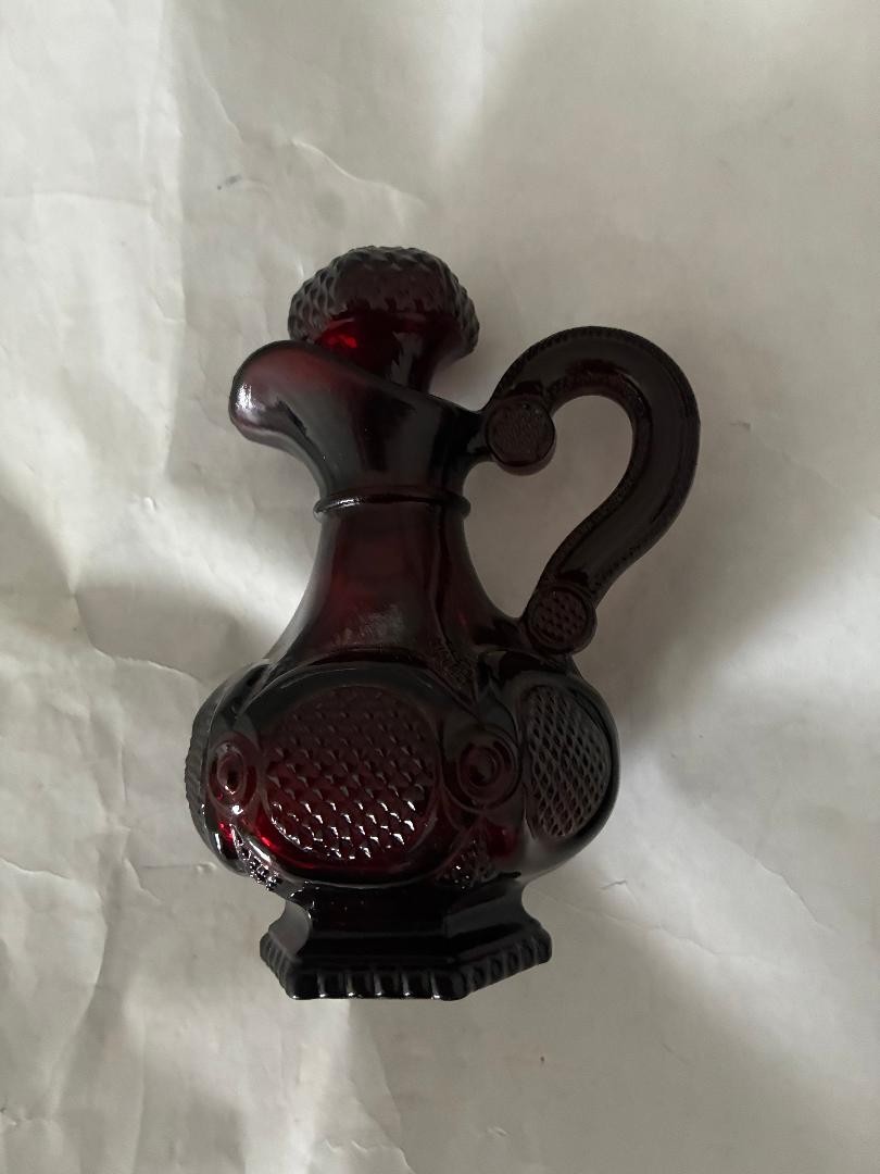 Vintage Avon 1876 Cape Cod Ruby Red Glass Cruet Bottle w/ Stopper Bath Oil label