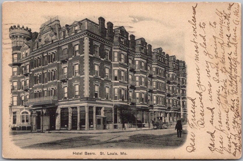Vintage 1909 ST. LOUIS, Missouri Postcard HOTEL BEERS Building / Street View