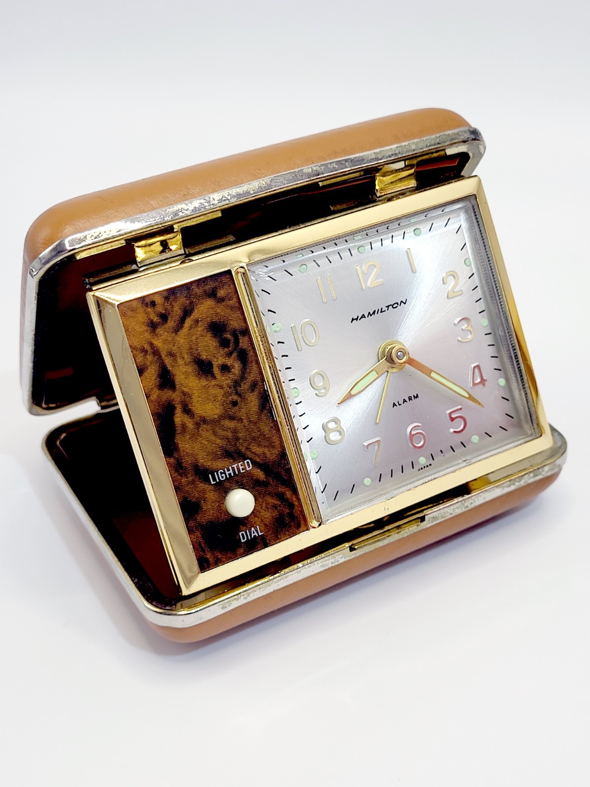 Vintage 1970s Hamilton Travel Alarm Clock Faux Wood Gold Tone Case Ticks Rings Vintage 1970s Hamilton Travel Alarm Clock Faux Wood Gold Tone Case Ticks Rings