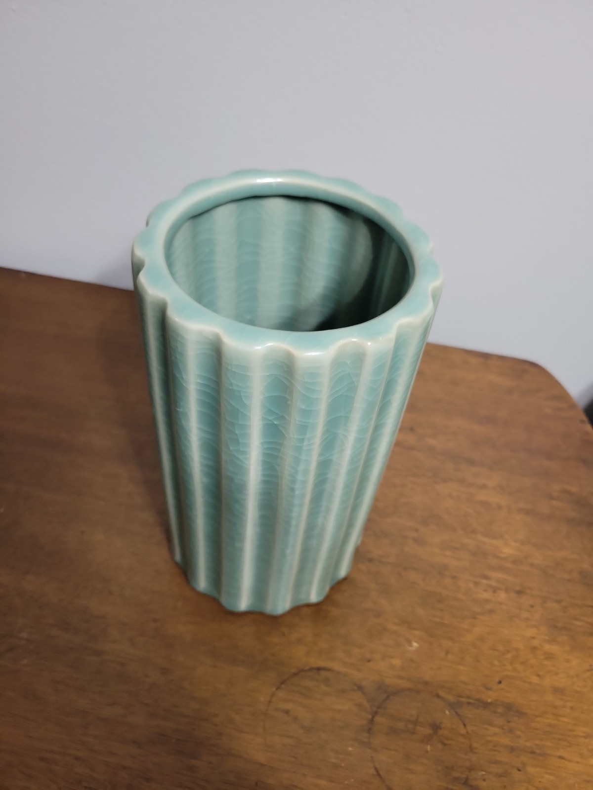 Vintage Celadon Green Ceramic Vase with Ribbed Design