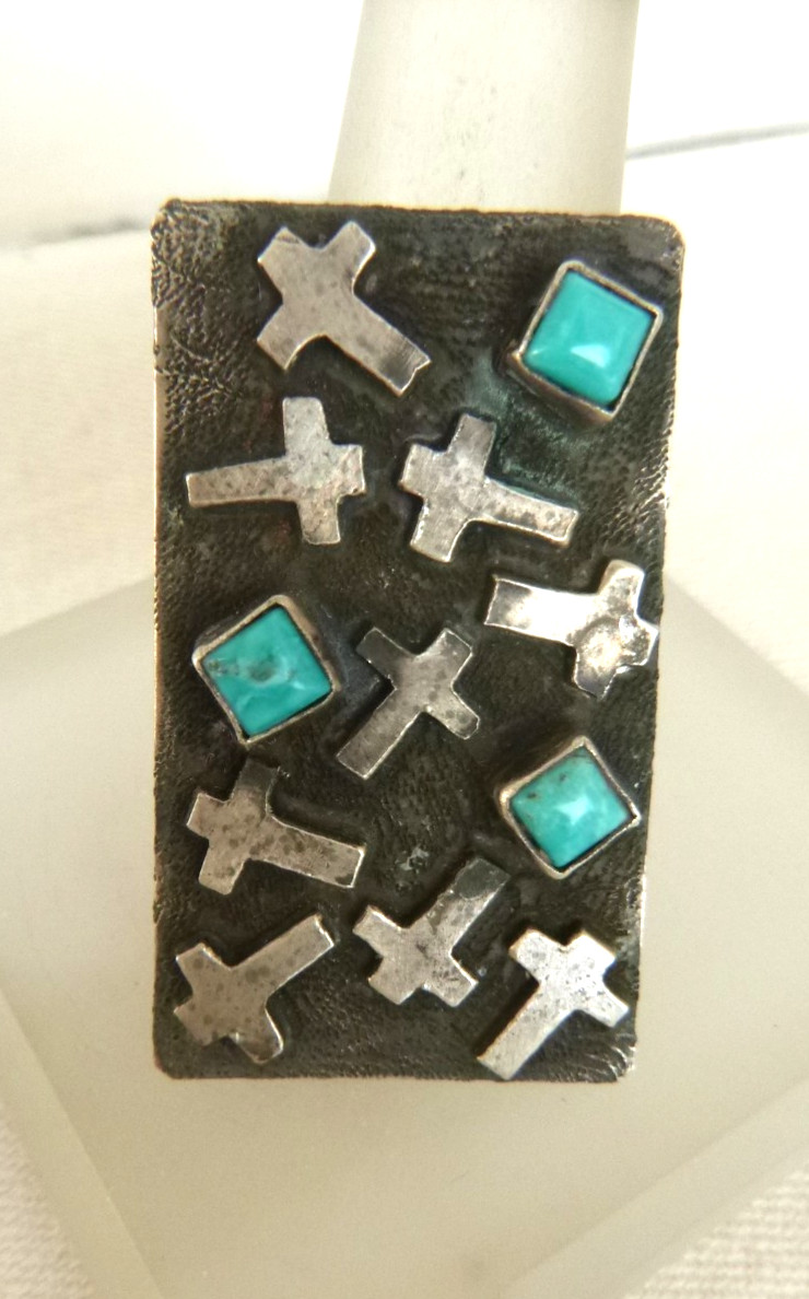 Navajo Scott Skeets 9-Cross Ring 925 Sterling Silver Kingman Turquoise Adj Size Navajo Scott Skeets 9-Cross Ring 925 Sterling Silver Kingman Turquoise Adj Size