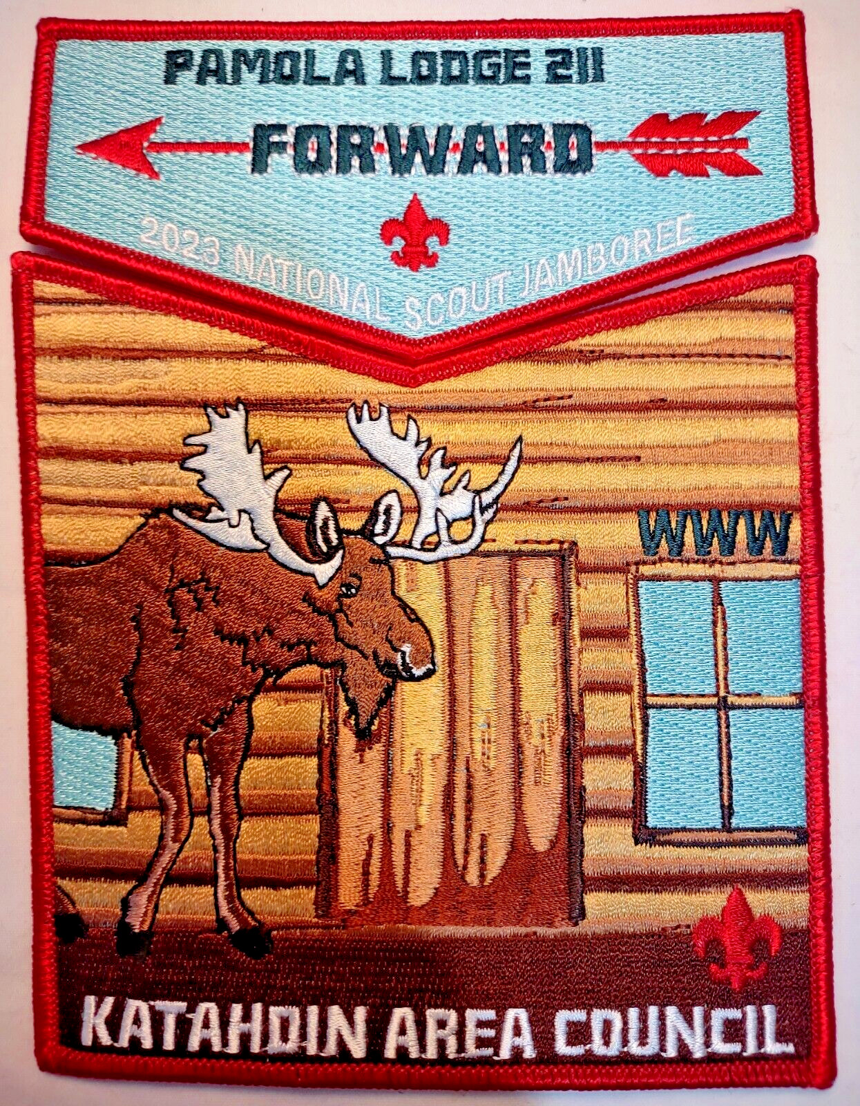 BOY SCOUT BSA KATAHDIN AREA OA PAMOLA 211 2023 JAMBOREE 2-PATCH MOOSE 150 MADE