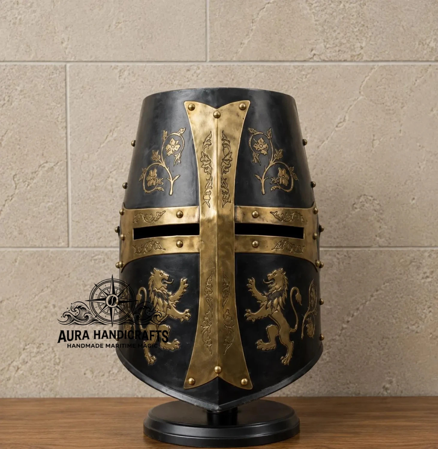 AURA Black Brass Templar Helmet Medieval Crusader Knight Helm Armor Cosplay LARP