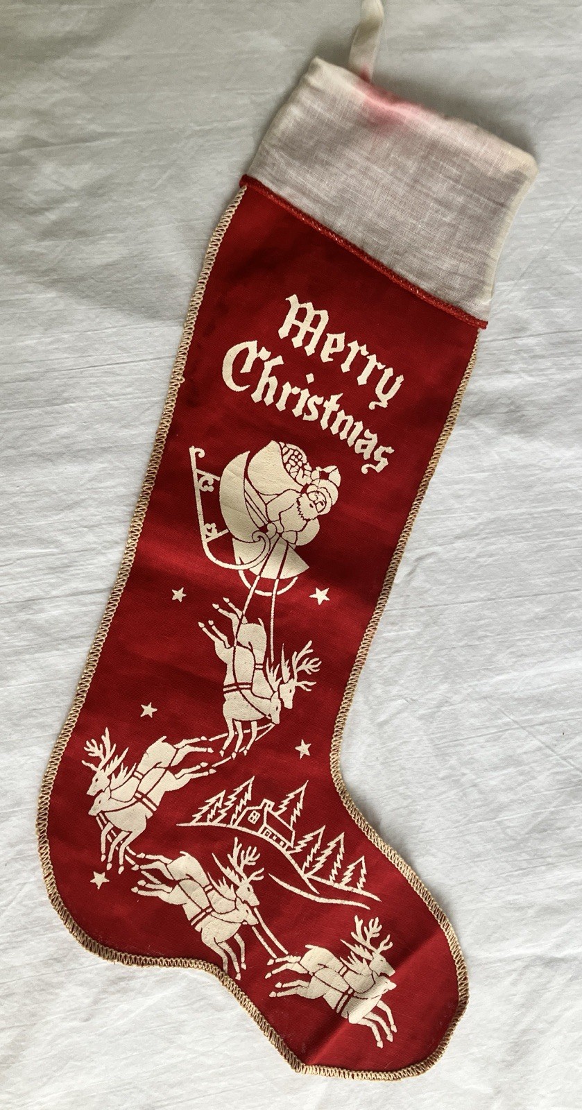 Vintage Stenciled Merry Christmas Stocking Santa Reindeer Crinoline Not Felt