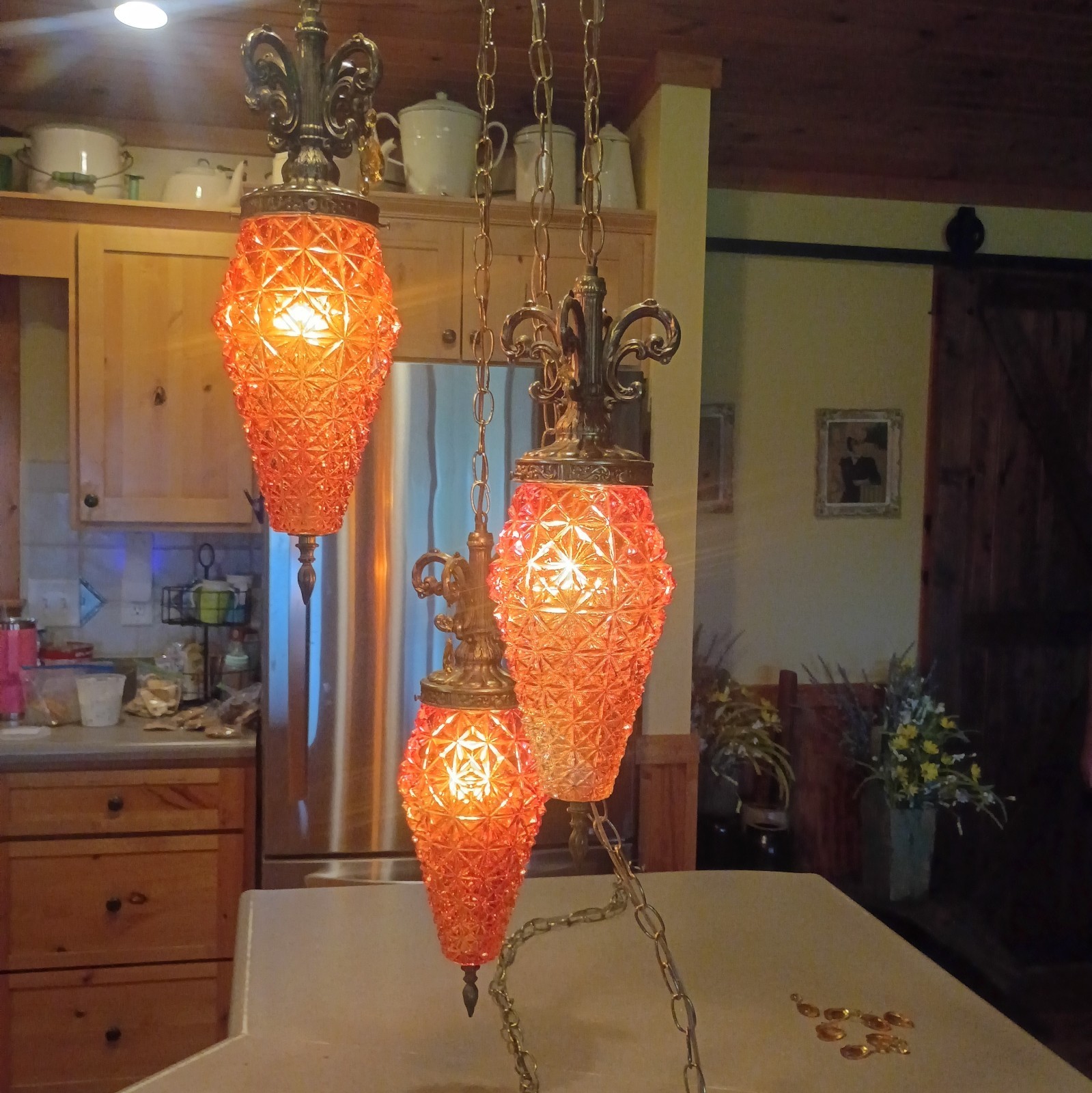 Vintage SWAG 3 Tier PENDANT Pineapple Glass Lamp Light MCM *WORKS* Vintage SWAG 3 Tier PENDANT Pineapple Glass Lamp Light MCM *WORKS*