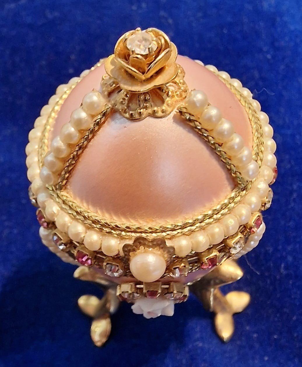 Vintage Style Pink Egg Trinket Box Dolphin Stand Pearls Rhinestones Decor