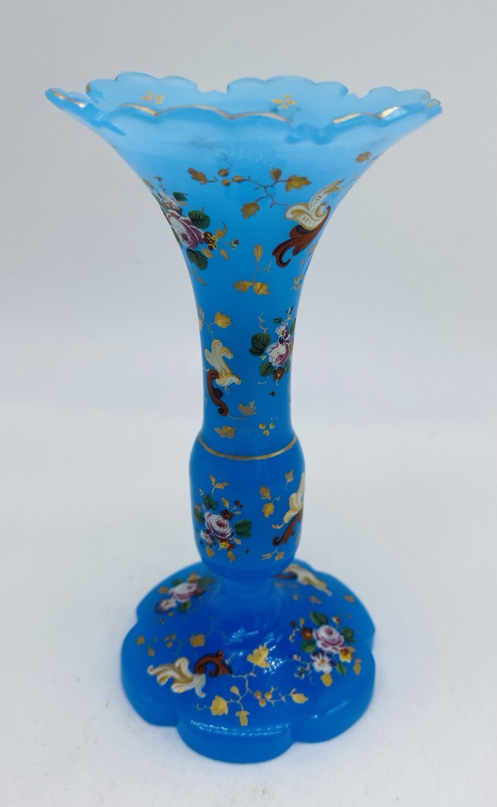 ca.1880’s Fine French BACCARAT Cut Blue Opaline Glass Vase Floral Enamel ca.1880’s Fine French BACCARAT Cut Blue Opaline Glass Vase Floral Enamel