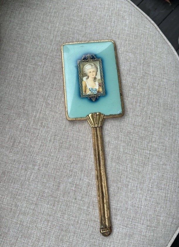 Vintage French  Vanity Mirror Blue Enamel Celluloid Miniature Portrait Brass