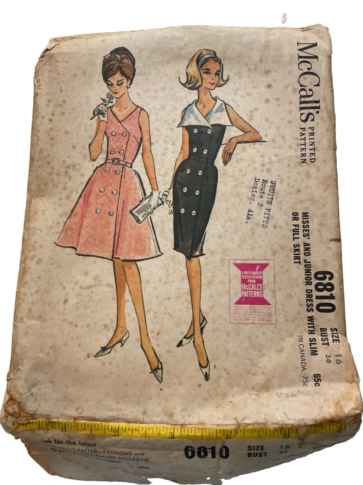 Vintage McCall’s Pattern 6810 Size 16 Bust 36. Cut. Instructions Incl