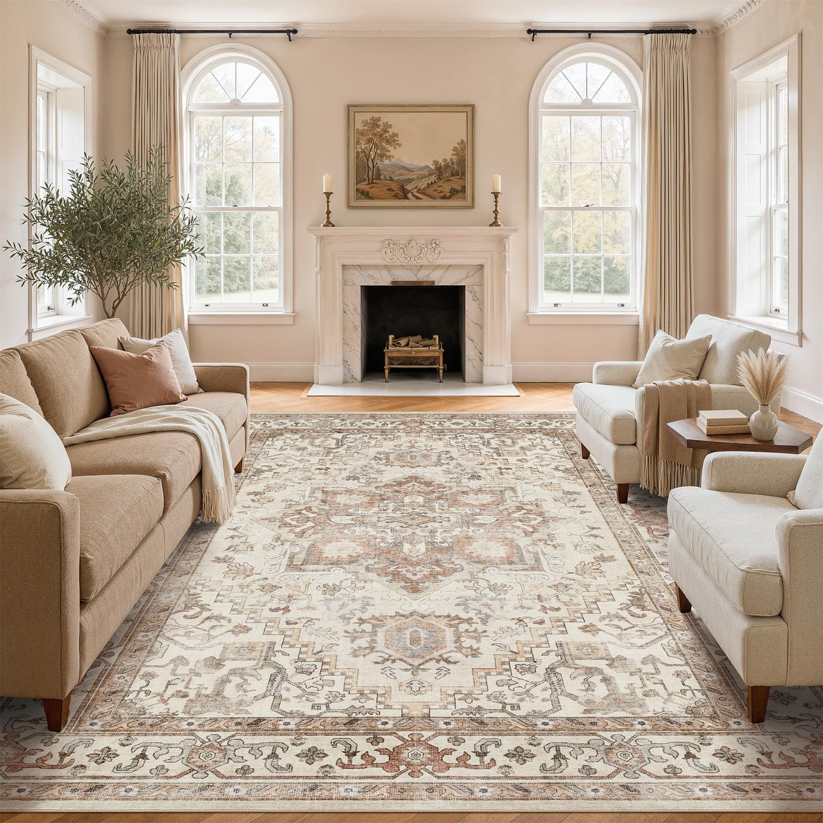 Washable Rug 10x14 Area Rugs: Boho Vintage Distressed Oriental Medallion Neut... Washable Rug 10x14 Area Rugs: Boho Vintage Distressed Oriental Medallion Neut...