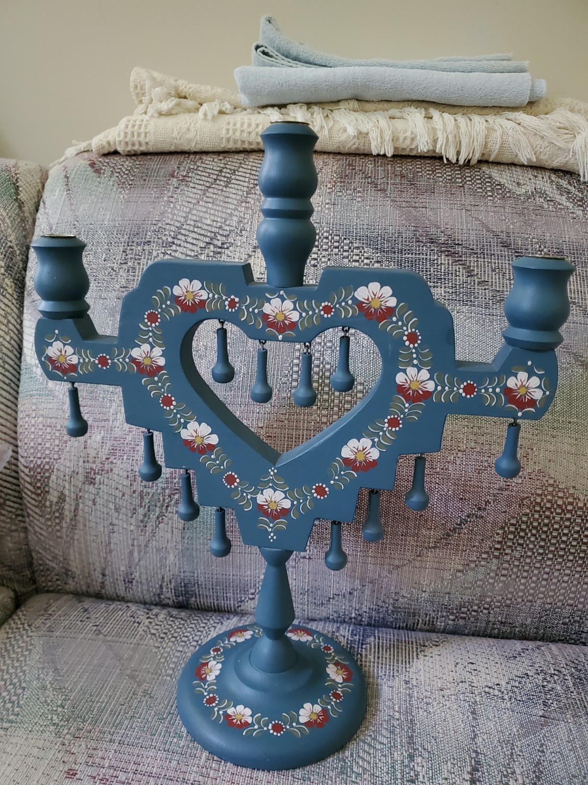 Swedish candle holder candelabra blue wooden 16\ Swedish candle holder candelabra blue wooden 16\