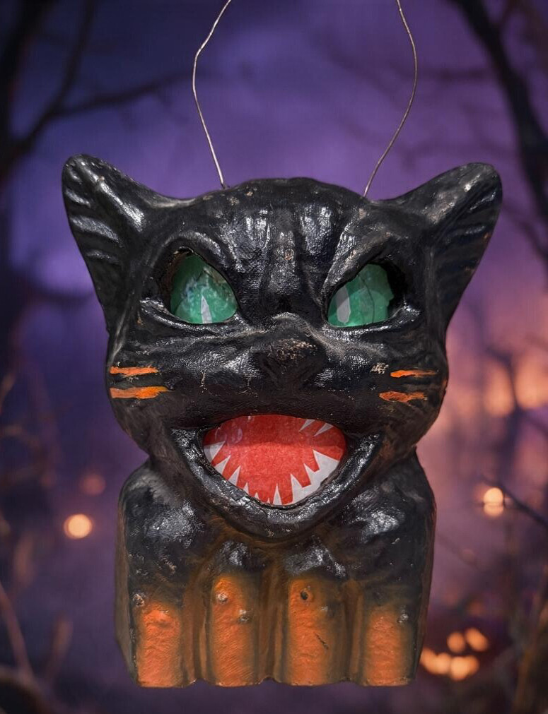 Vtg 1930s-40s Paper Mache BLACK  Cat on Fence Halloween Lantern Excellent Cond.