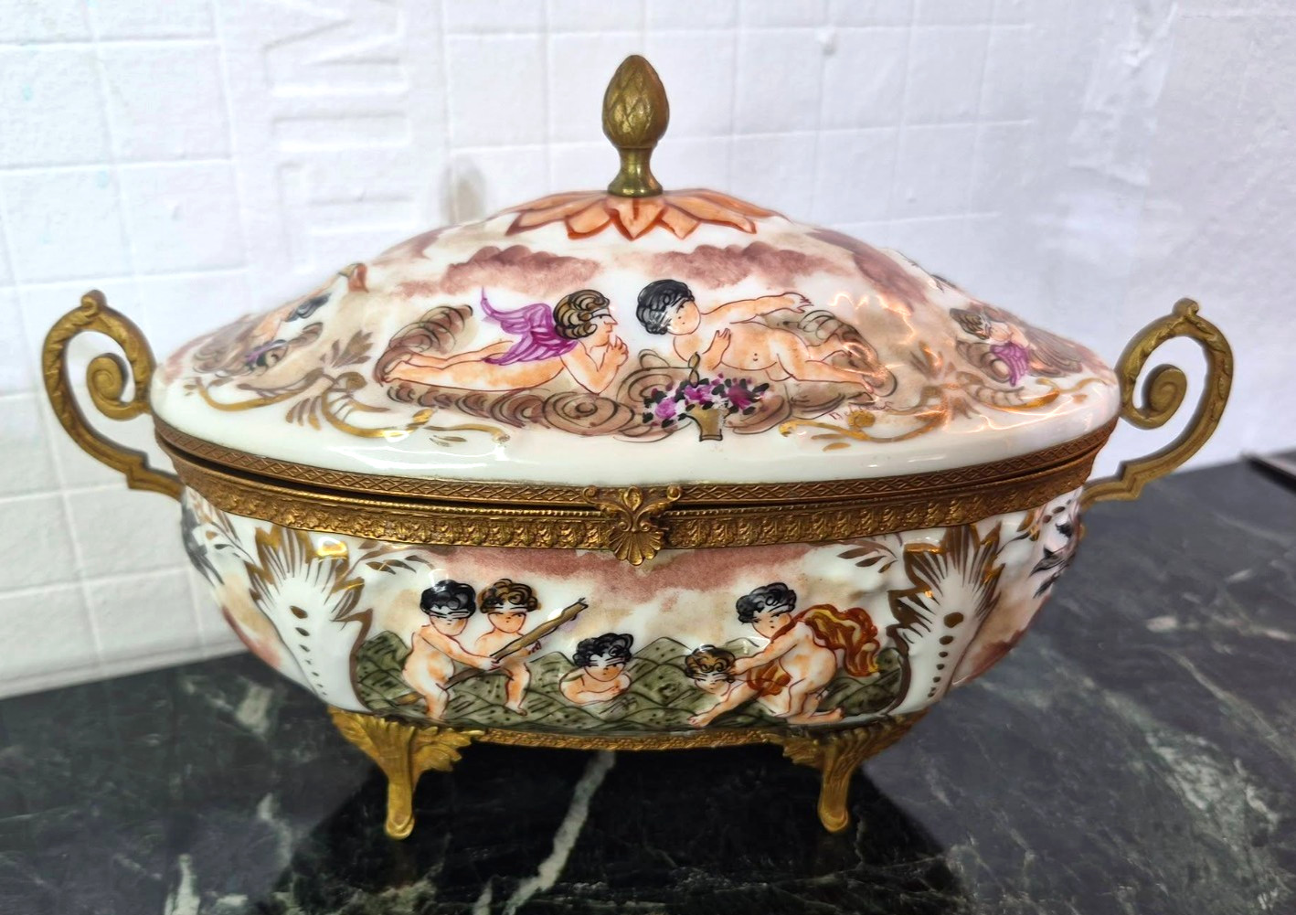 Antique Capodimonte Porcelain and Brass jewelry box, 5.5 x 9 x 4.5 inch.