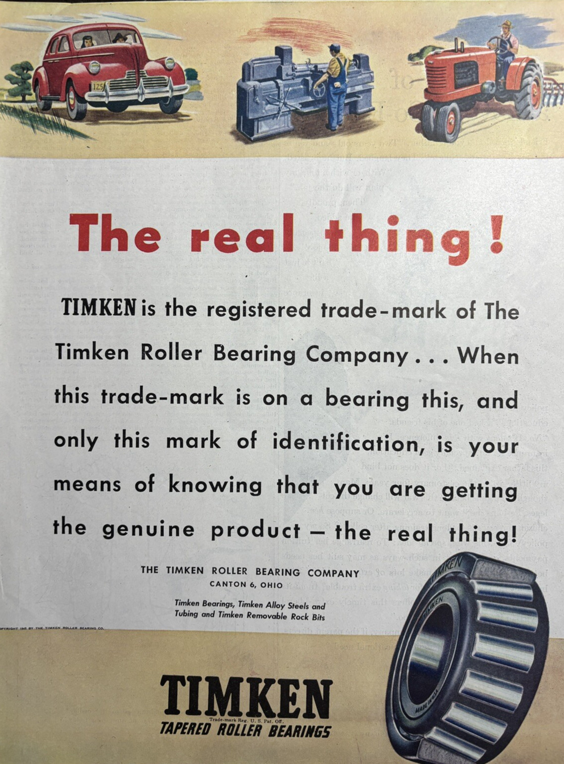 1945 Timken Tapered Roller Bearings Canton Ohio Real Thing Product VTG Print Ad