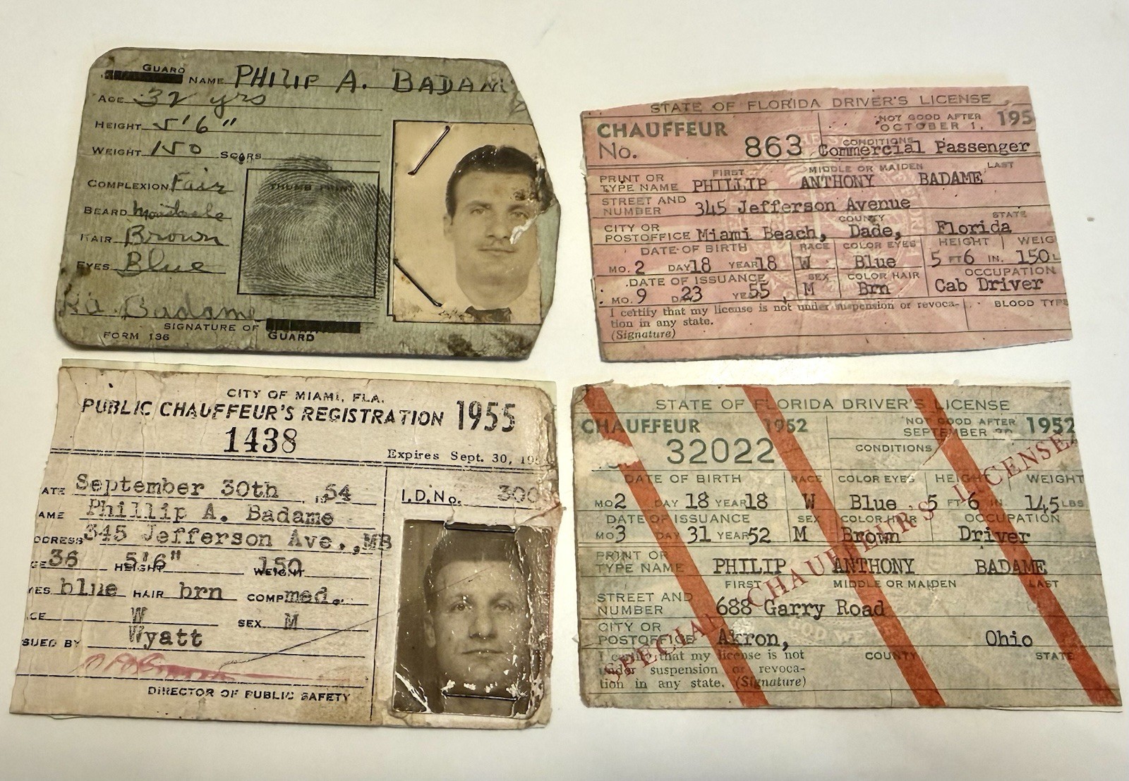 VTG 1950s Private Detective Badge & Chauffeur License Photo ID Card Miami Florid