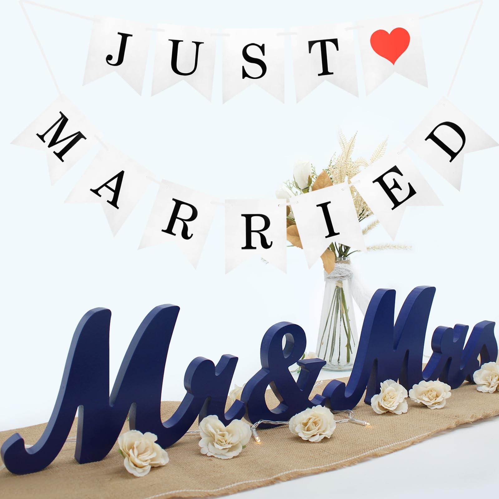 JOYLEX Mr Mrs Wedding Table Sign with Banner Navy Blue JOYLEX Mr Mrs Wedding Table Sign with Banner Navy Blue