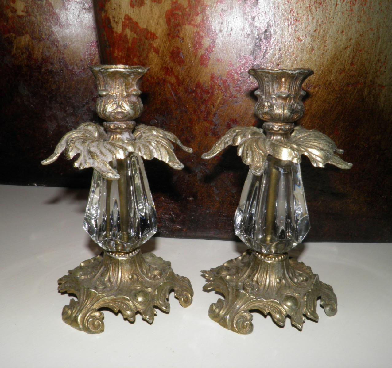 Vintage L&L WMC Brass & Glass Taper Candle Holder Lot of 2 1973 #9320 GUC READ