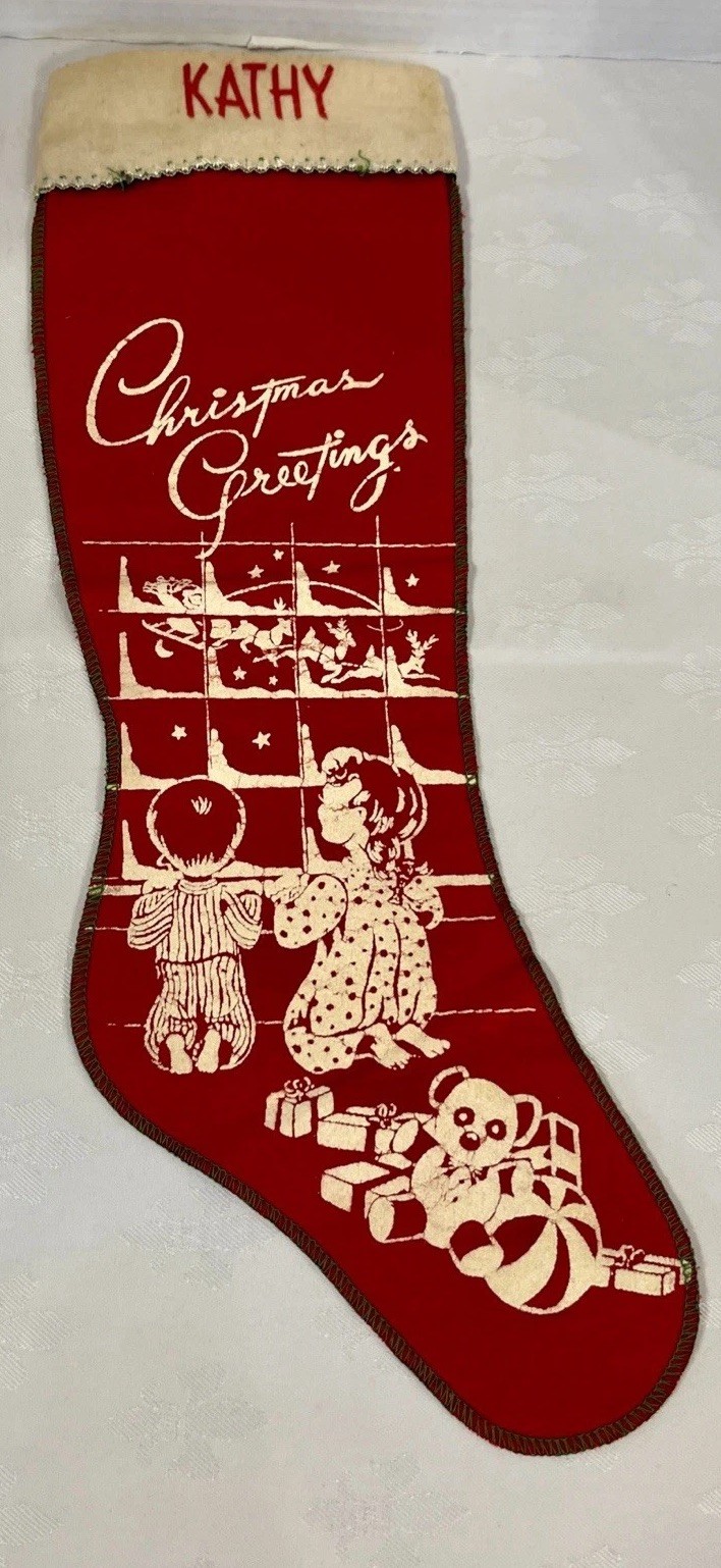 VTG 1950s Red Felt Christmas Stocking Kathy Screen Print Children Window MCM