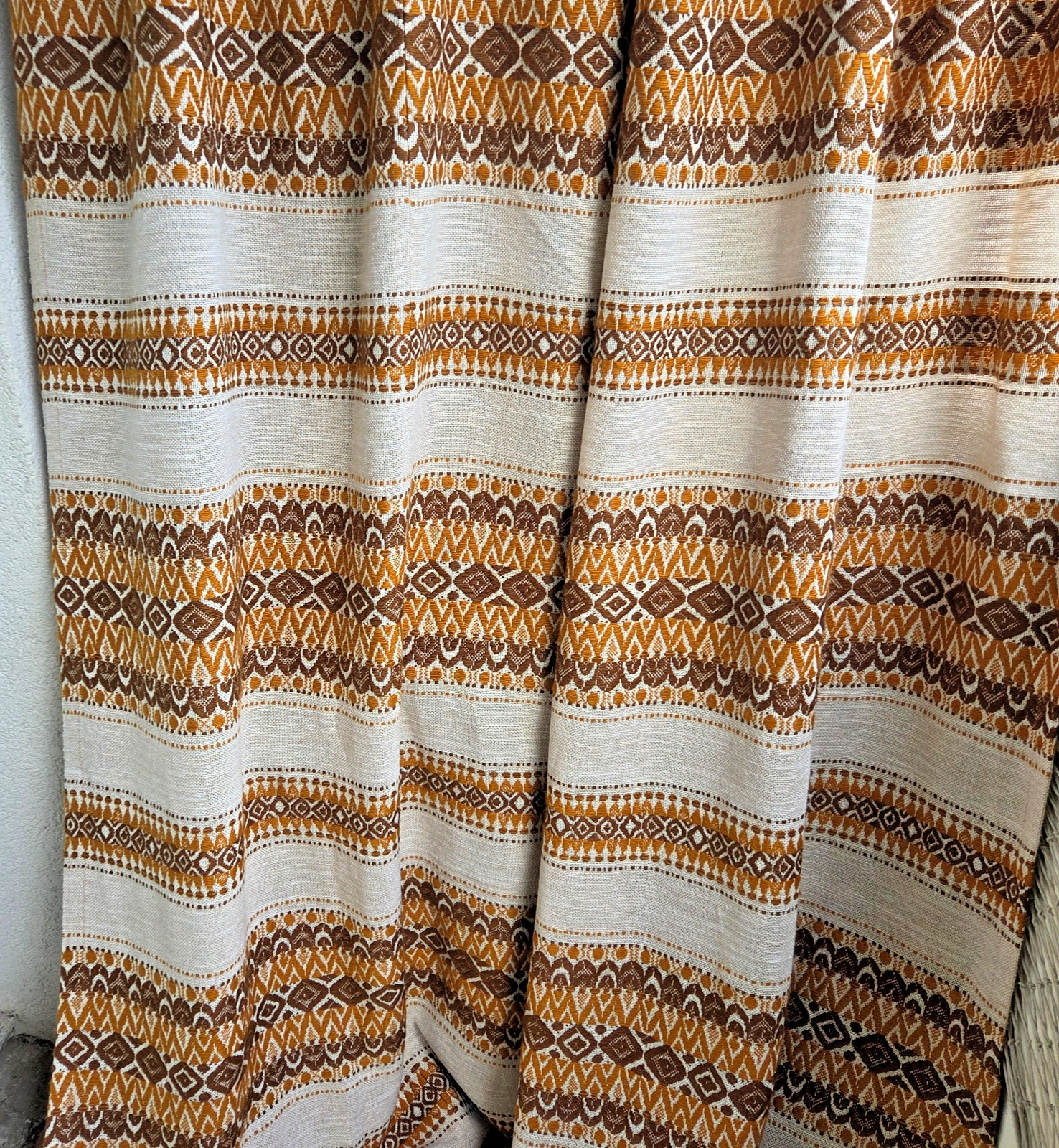 Vintage 70s Scandinavian Heavy Curtain Panel Brown Ochre Geometric Folk Modern
