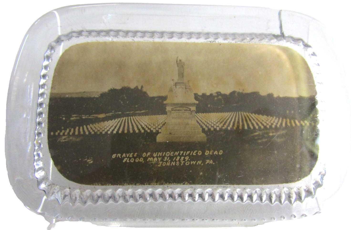 1889 JOHNSTOWN PENNSYLVANIA PA Flood Flat Glass Paperweight, Graves of the Dead 1889 JOHNSTOWN PENNSYLVANIA PA Flood Flat Glass Paperweight, Graves of the Dead