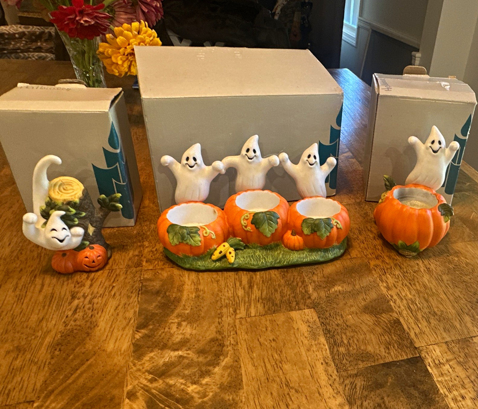 Partylite Ghost Trio Halloween Ceramic Tealight Holder Set Boxed - Lot of 3 