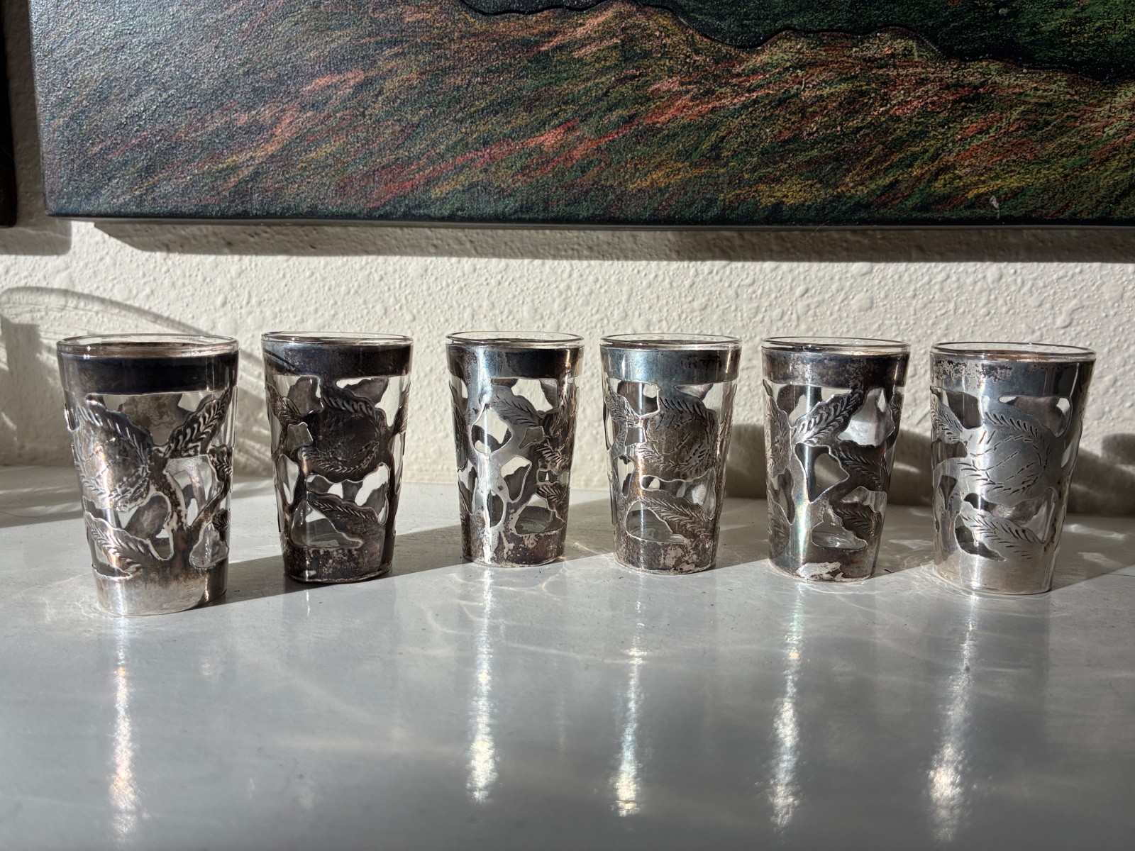 Sterling silver overlay shot glasses. Vintage from Mexico, 1960s. Set of six. Sterling silver overlay shot glasses. Vintage from Mexico, 1960s. Set of six.