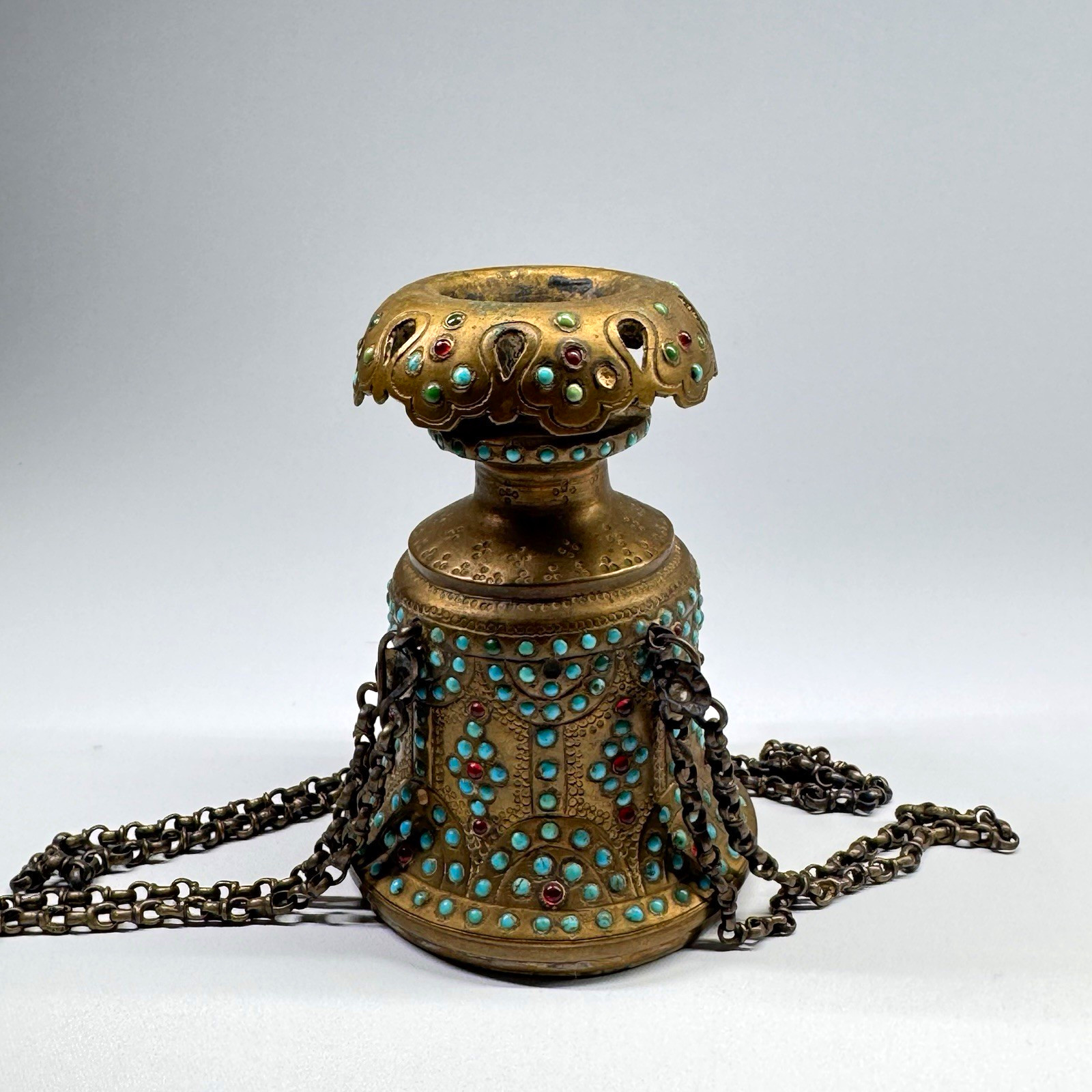 Antique 19th Century Middle Eastern Hookah Bowl with Turquoise Stones Decor
