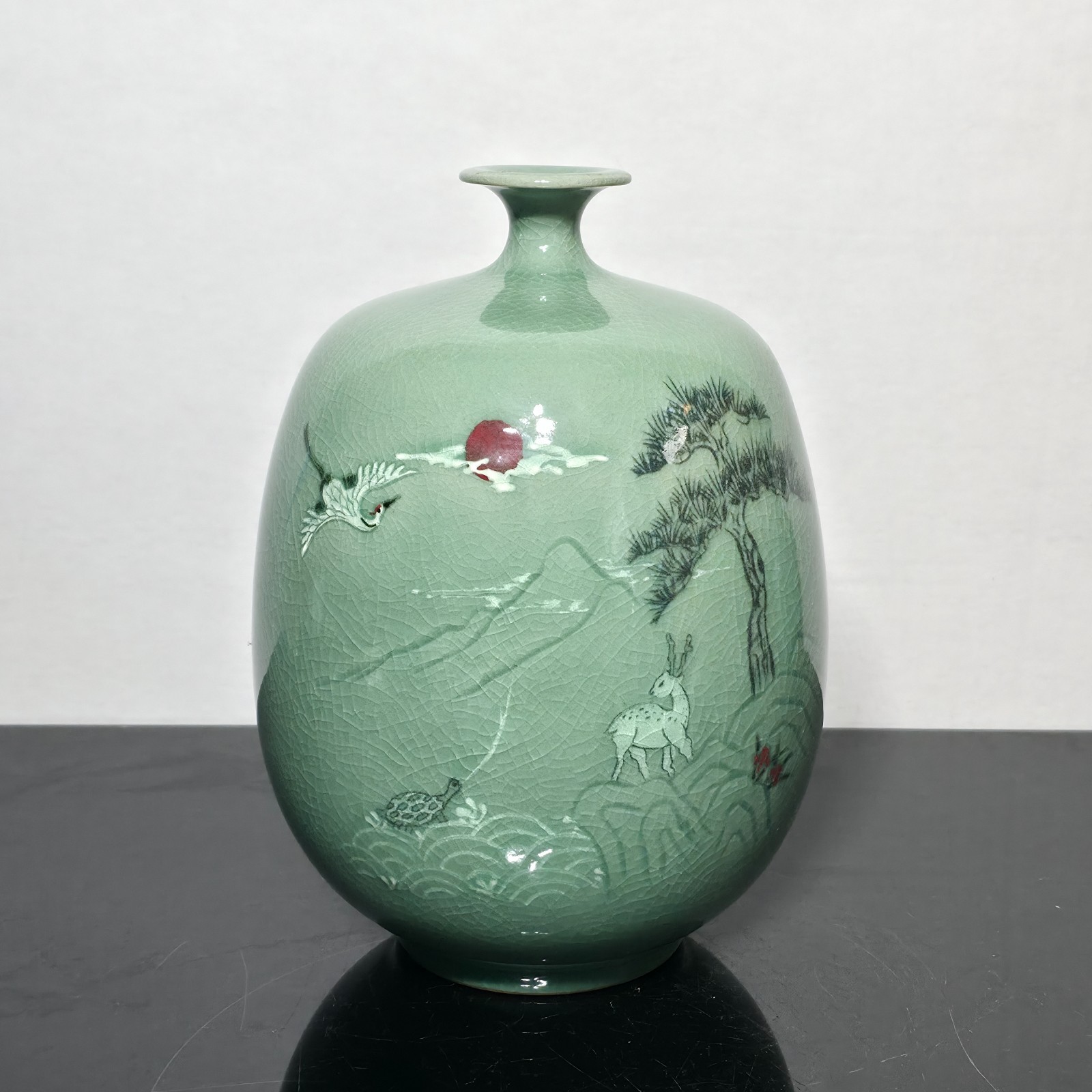 Vintage Korean Celadon Vase Signed Crackle Glaze Crane Deer Turtle Landscape Vintage Korean Celadon Vase Signed Crackle Glaze Crane Deer Turtle Landscape