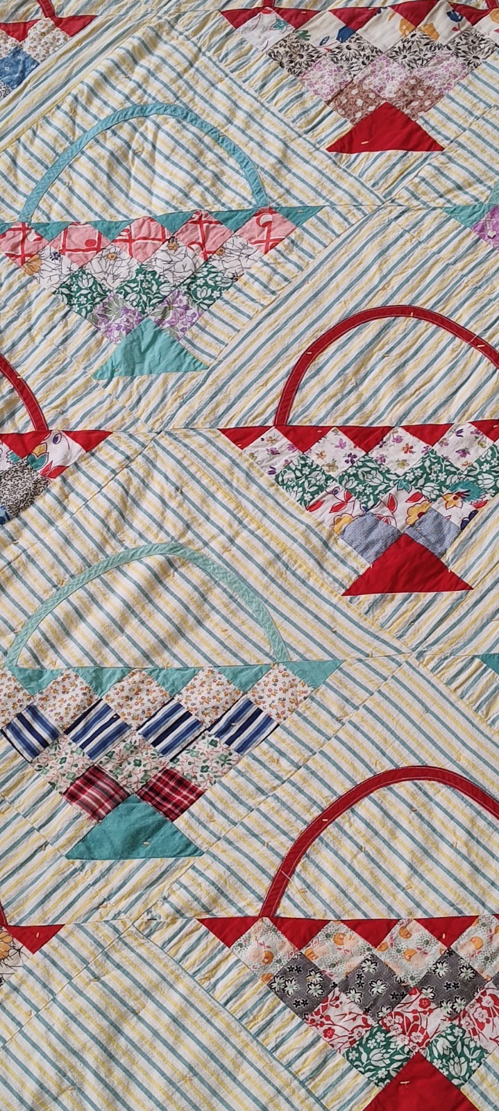 Vtg Handmade 1947 Flower Basket Patchwork Scrappy Calico Quilt Decor 92 x 73 Vtg Handmade 1947 Flower Basket Patchwork Scrappy Calico Quilt Decor 92 x 73