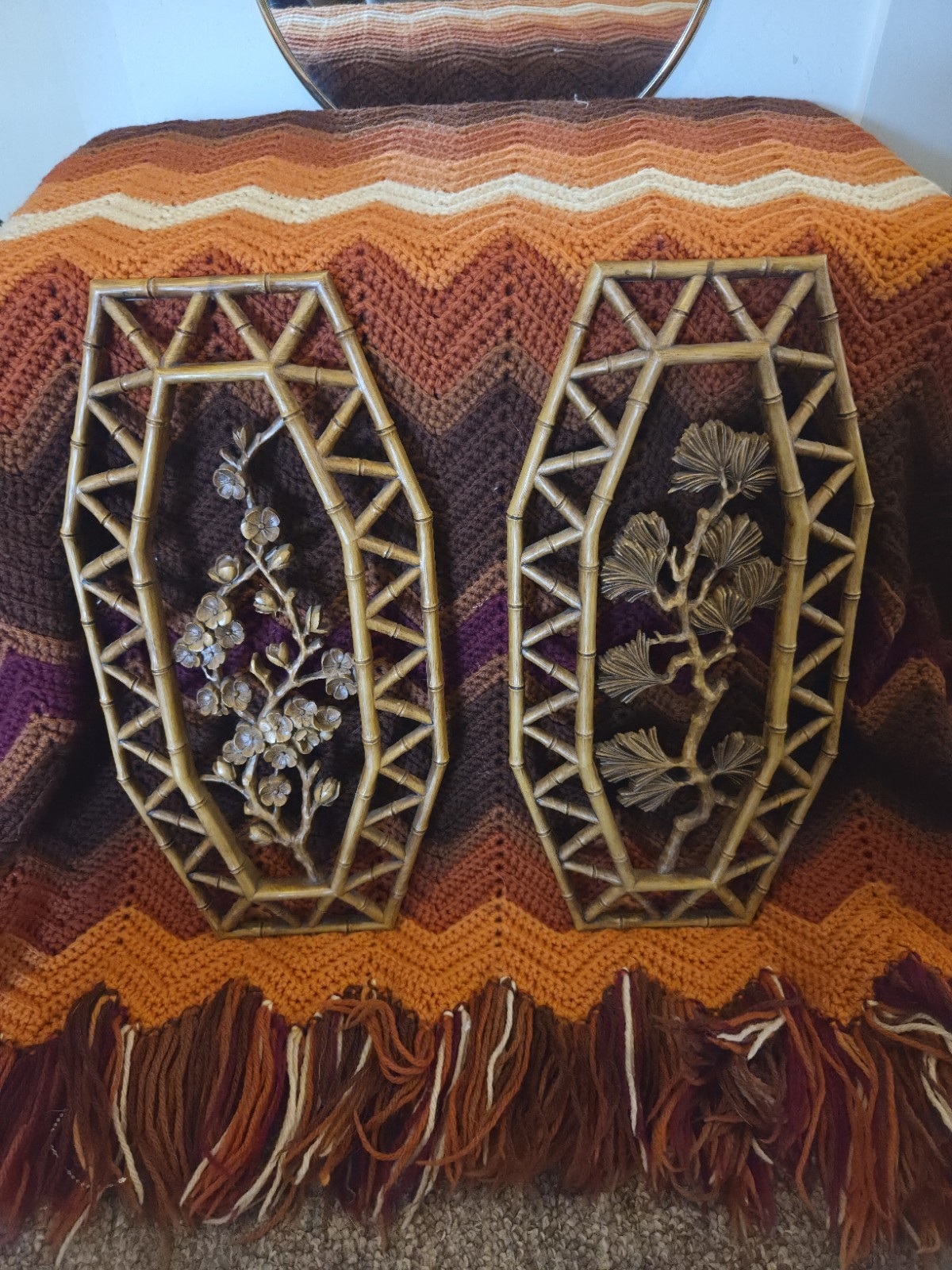 PAIR Vintage 1977 Asian FLORAL Branches BAMBOO-Look Wall ART Hangings by DART PAIR Vintage 1977 Asian FLORAL Branches BAMBOO-Look Wall ART Hangings by DART